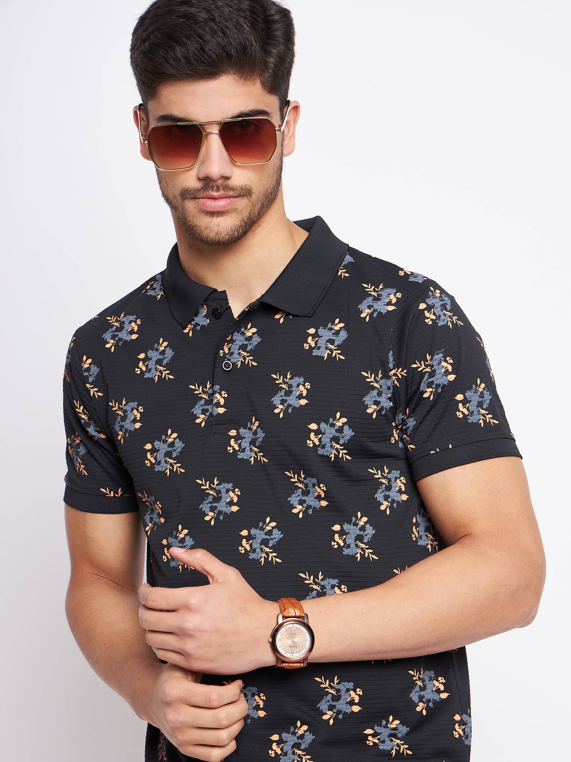 MXN Pack of 1 Cotton Regular Fit Printed Half Sleeves Men's Polo T Shirt ( Black )