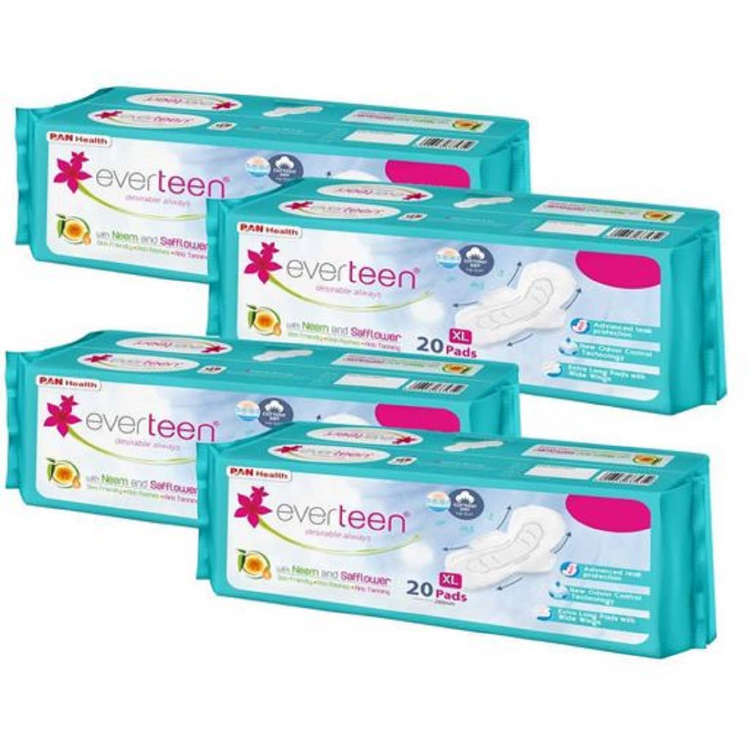 everteen XL Cottony-Dry Sanitary Pads (Neem, Safflower) 80pcs Sanitary Pad (Pack of 4)