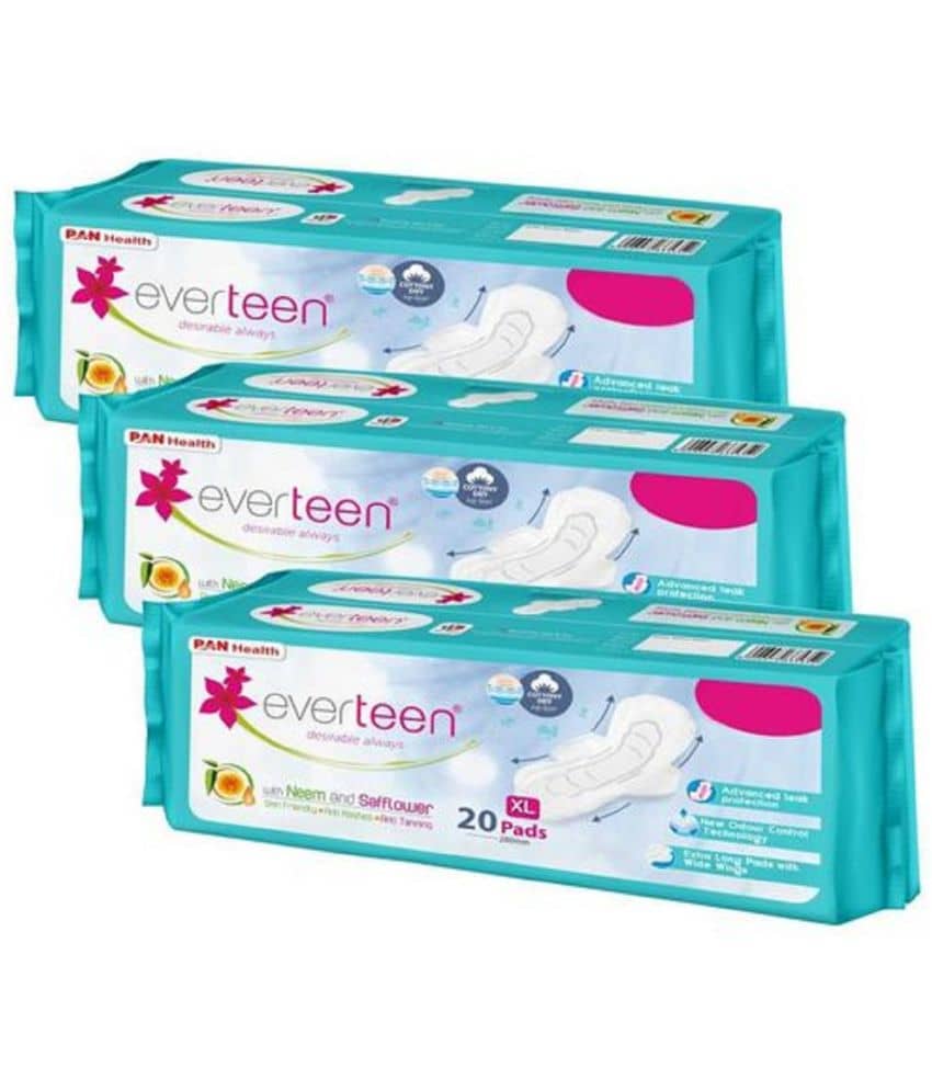 everteen XL Cottony-Dry Sanitary Pads (Neem, Safflower) 60pcs Sanitary Pad (Pack of 3)
