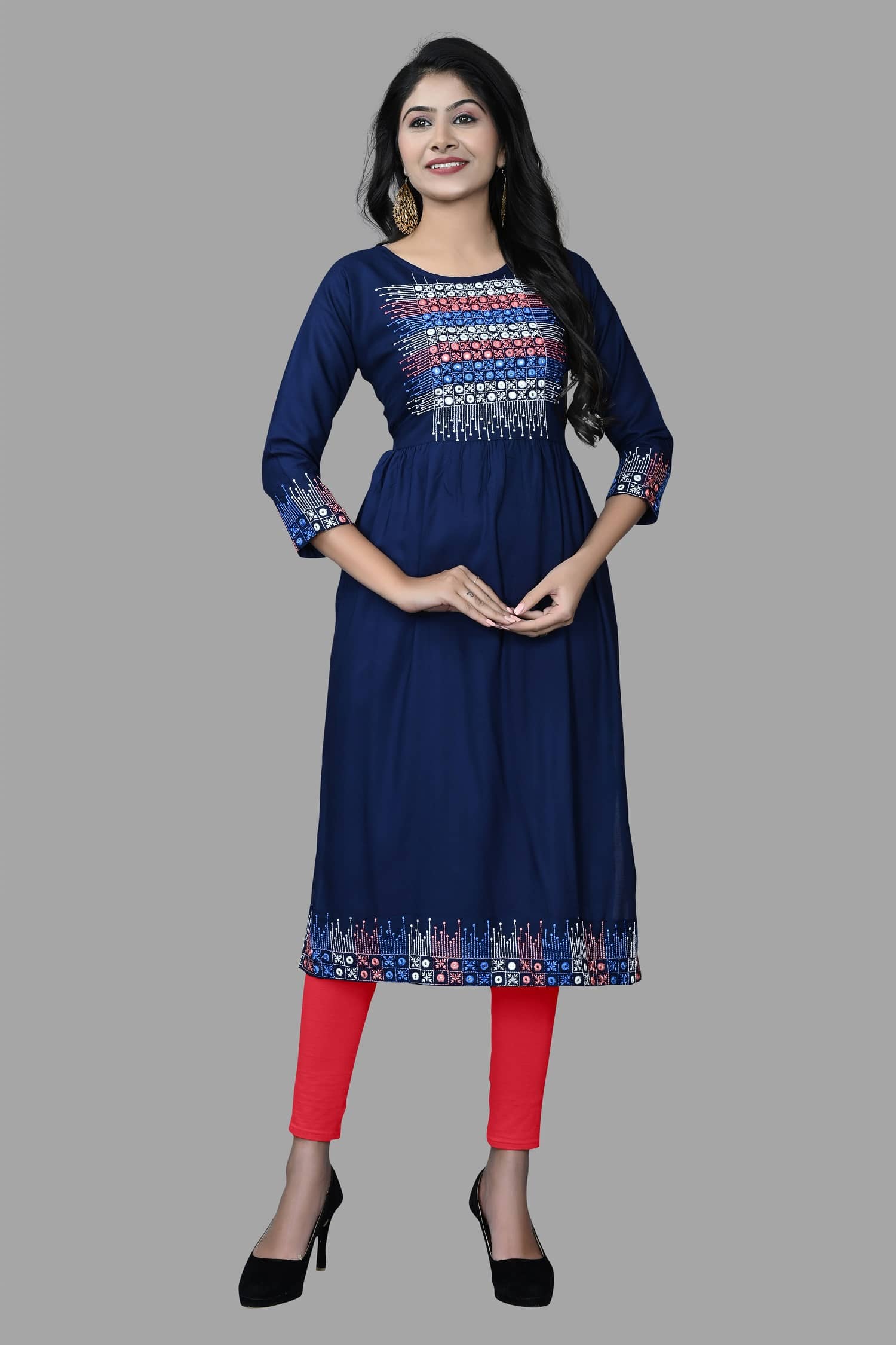 HAYA - Navy Rayon Women's Straight Kurti ( Pack of 1 ) - Kurtis, Tunics | Buy online on ZillyBuy