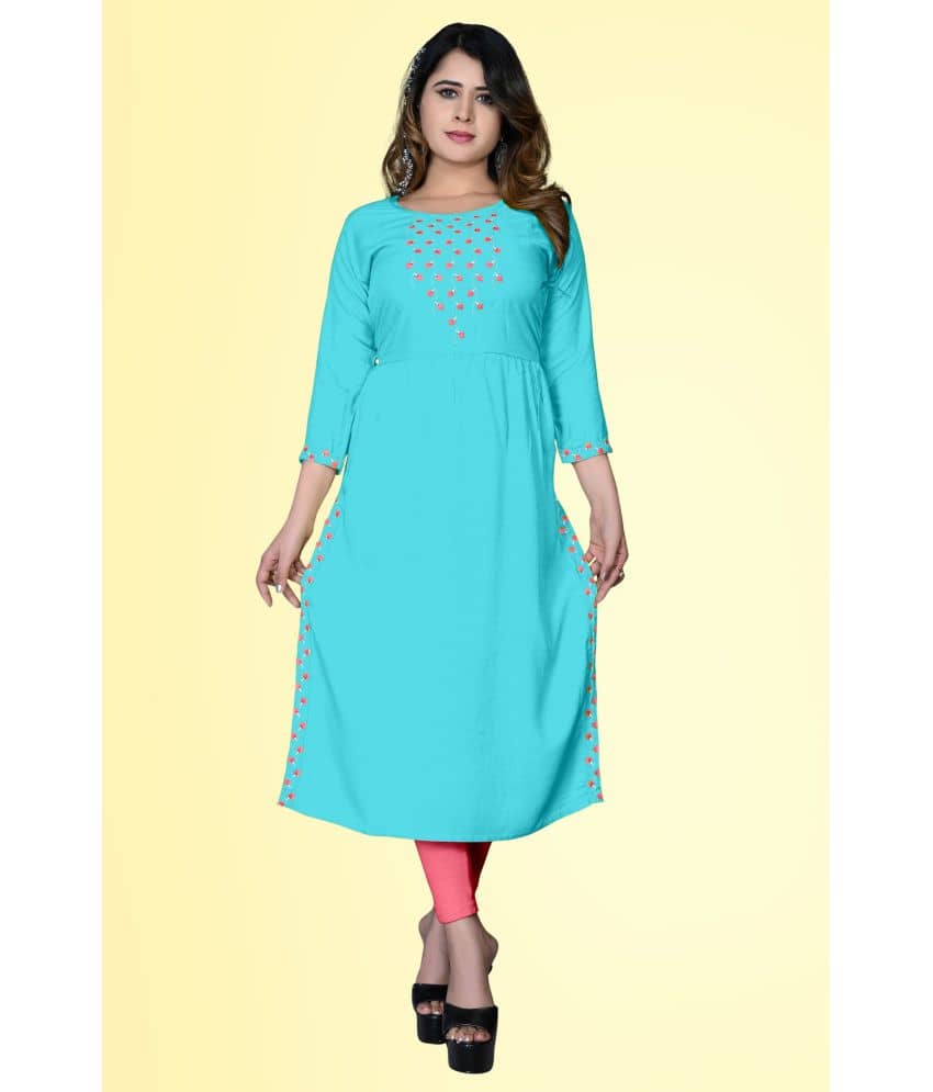 HAYA - Turquoise Rayon Women's Straight Kurti ( Pack of 1 ) - Kurtis, Tunics | Buy online on ZillyBuy
