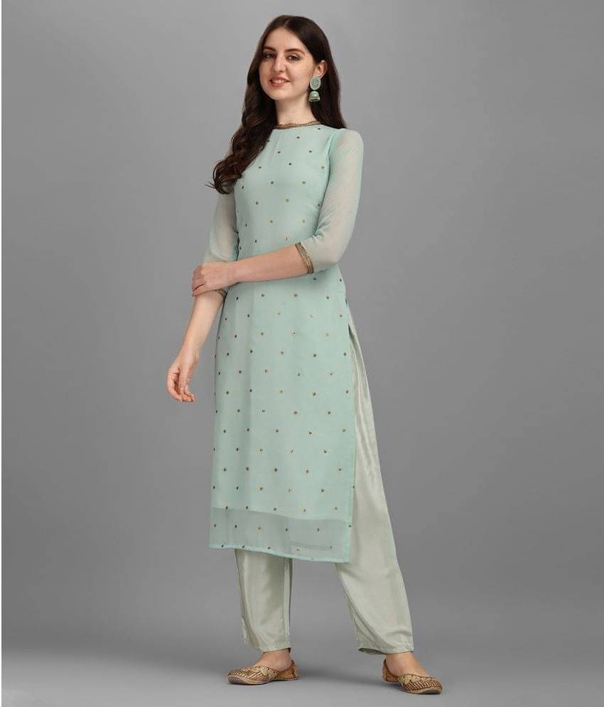     			Hritika - Sea Green Straight Georgette Women's Stitched Salwar Suit ( Pack of 1 )