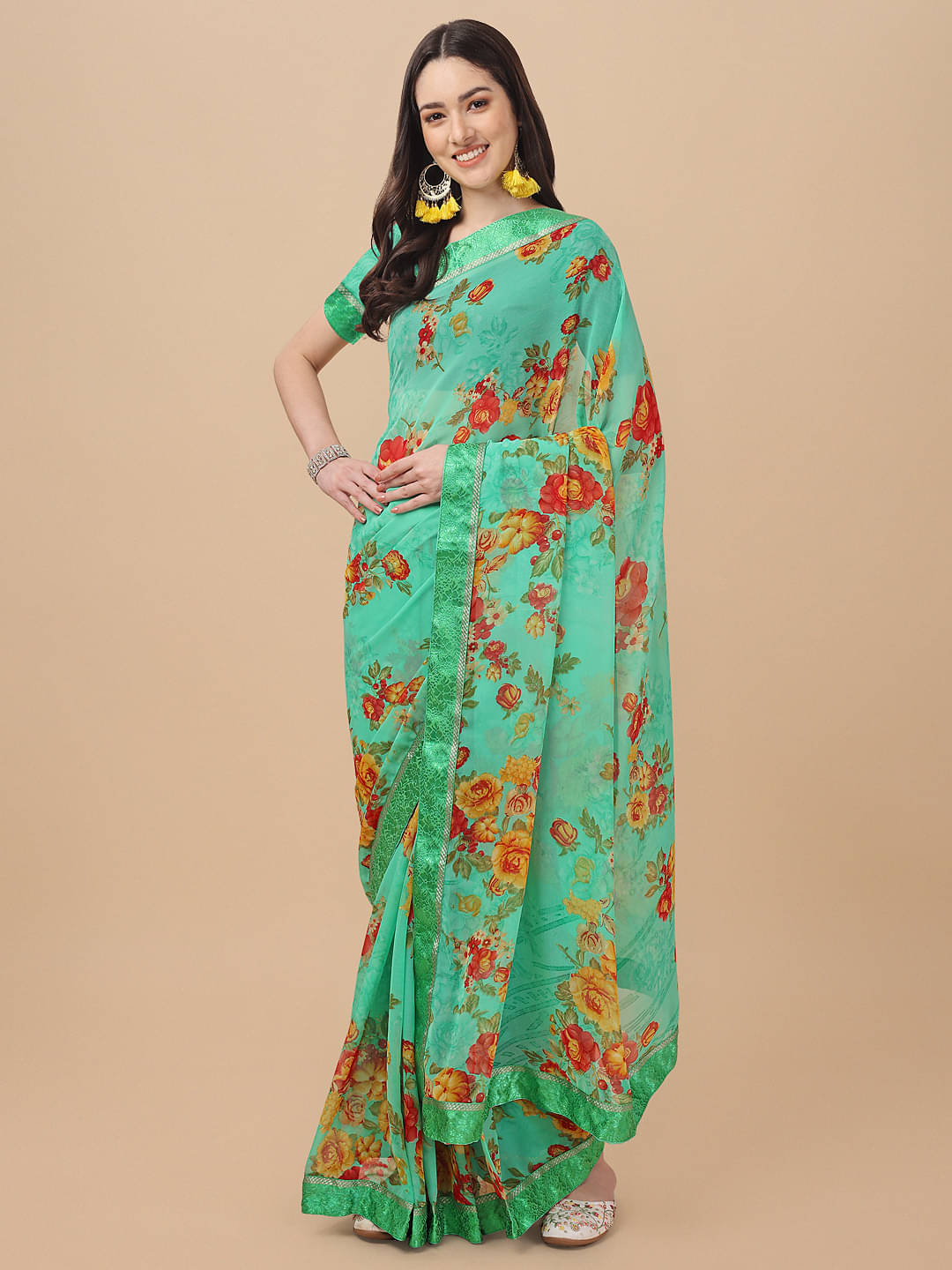 Rekha Maniyar Georgette Printed Saree With Unstitched Blouse Piece ( Rama )     			Rekha Maniyar Georgette Printed Saree With Unstitched Blouse Piece ( Rama )