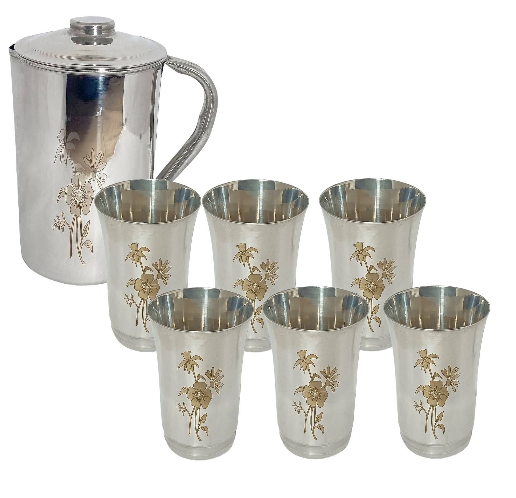 A & H ENTERPRISES Daily Use Floral Stainless Steel Jug and Glass Combo 1800 mL     			A & H ENTERPRISES Daily Use Floral Stainless Steel Jug and Glass Combo 1800 mL