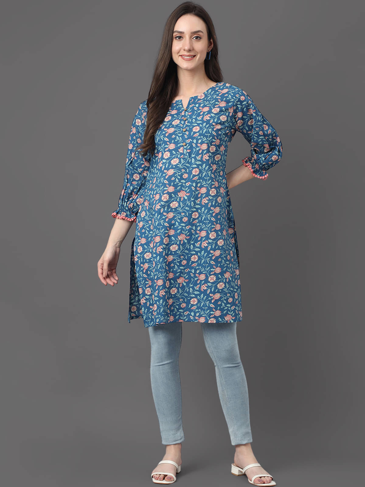Janasya Women's Cotton Tunic ( Blue )     			Janasya Women's Cotton Tunic ( Blue )