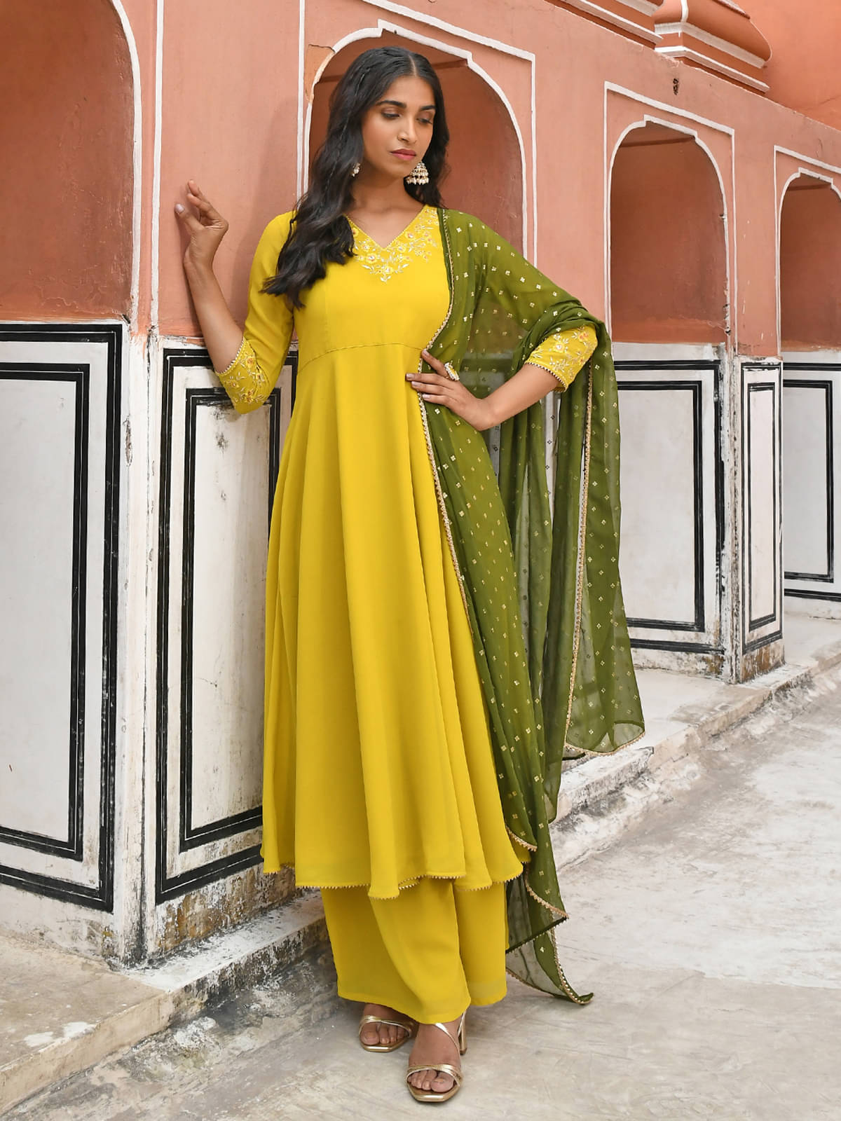     			Janasya - Yellow Anarkali Georgette Women's Stitched Salwar Suit ( Pack of 1 )