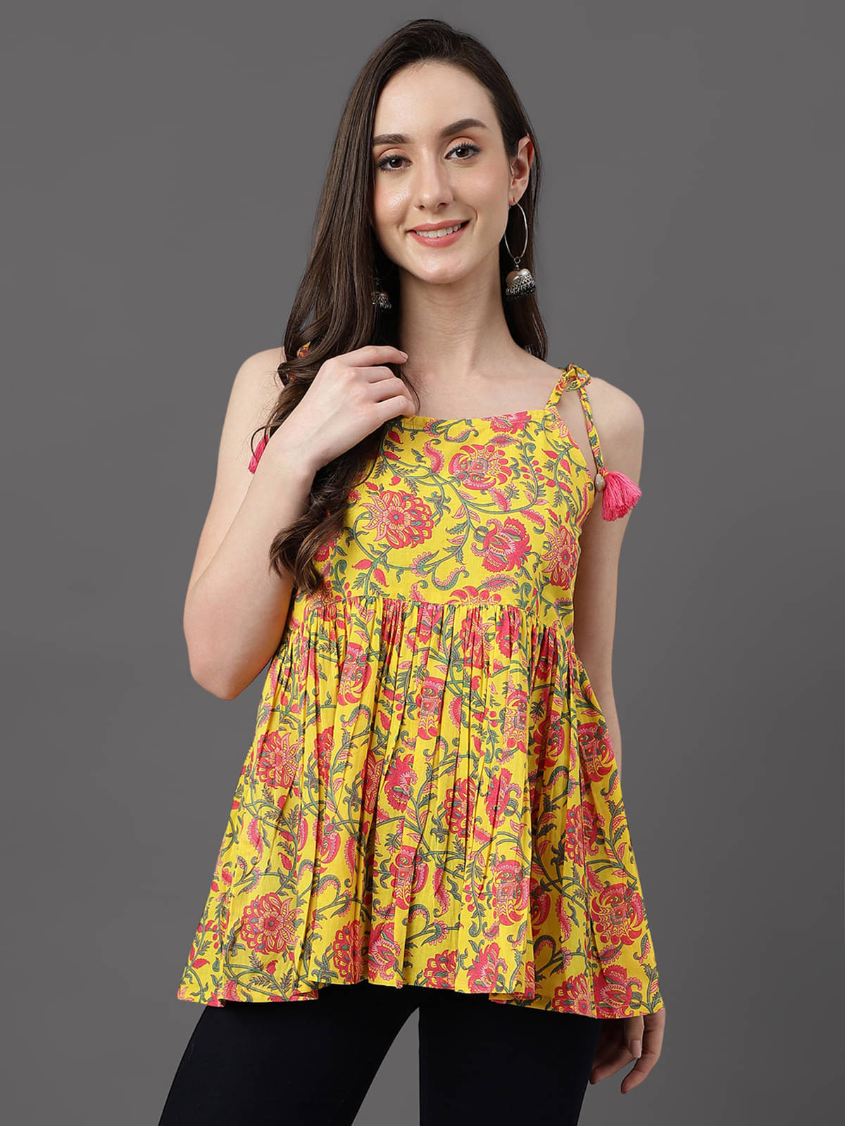     			Janasya Women's Cotton A-Line Top ( Yellow )