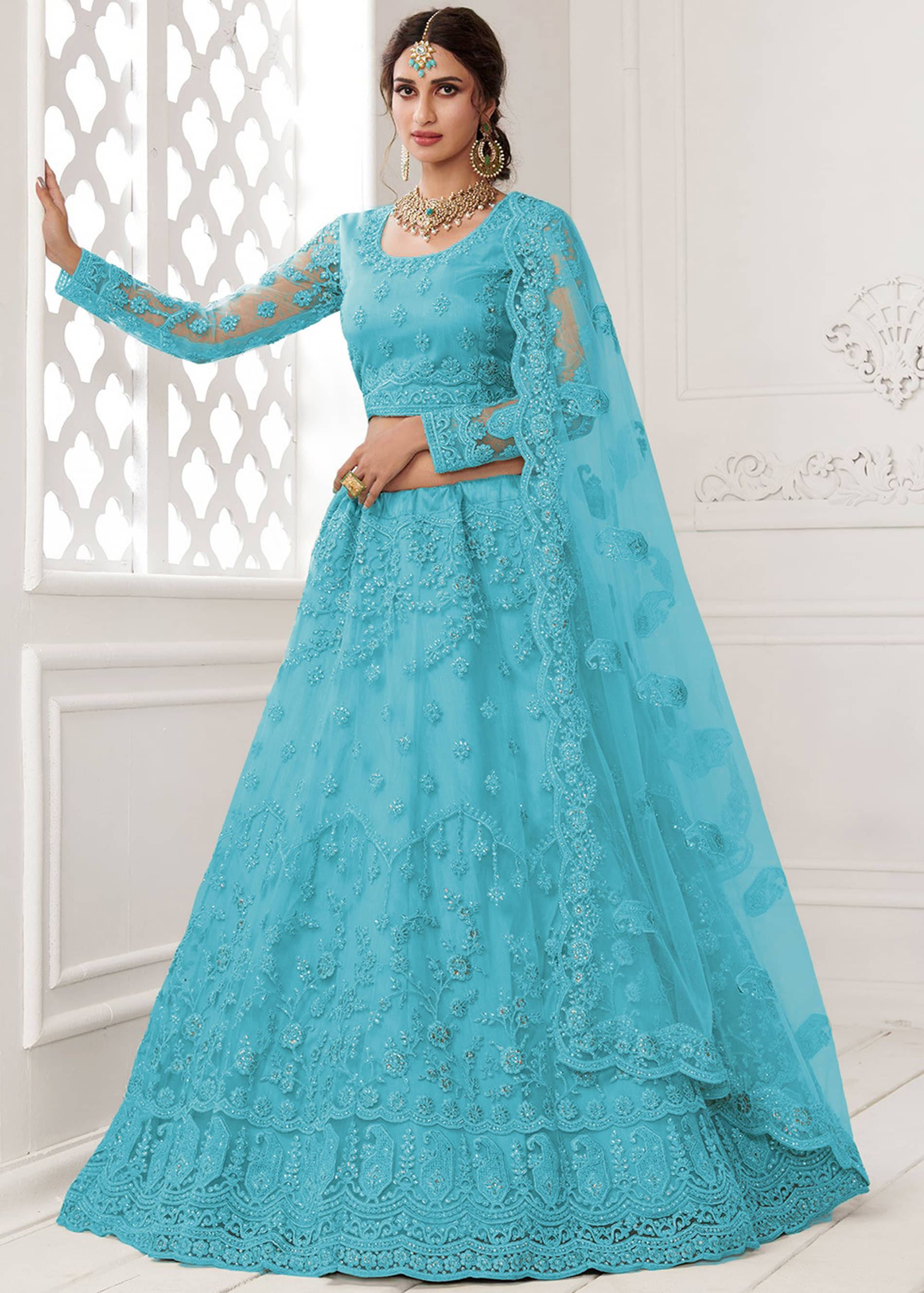     			PATBRO Blue Net Chaniya Choli Semi Stitched Lehenga Single