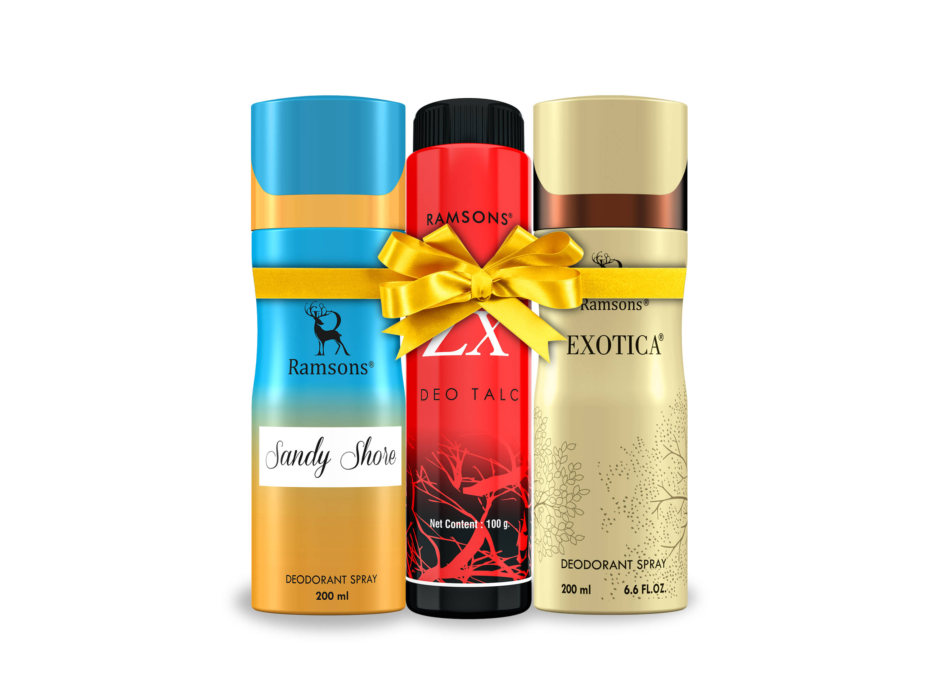     			RAMSONS Deo Talc Combo | 1 Exotica Deodorant Spray - 200ml | 1 Sandy Shore Deodorant Spray - 200ml | 1 RED ZX Deo Talc - 100gm | Combo Pack Of 3