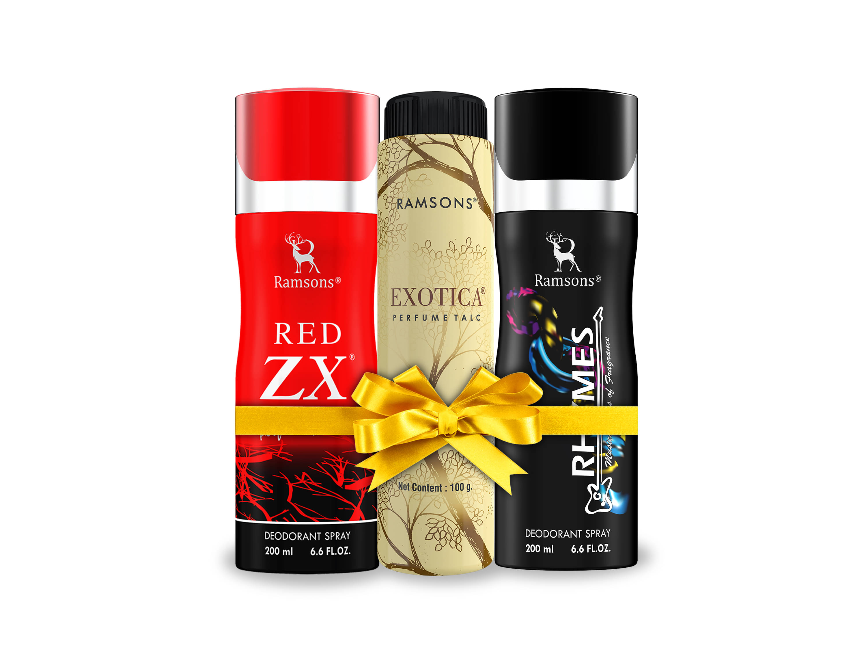     			RAMSONS Deo Talc Combo | 1 Red ZX Deodorant Spray - 200ml | 1 Rhymes Deodorant Spray - 200ml | 1 Exotica Perfume Talc - 100gm | Combo Pack Of 3