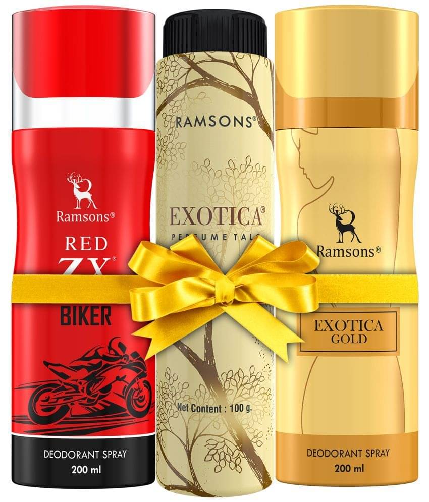 RAMSONS Deo Talc Combo | 1 Exotica Gold Deodorant Spray - 200ml | 1 Red ZX - Biker Deodorant Spray - 200ml | 1 Exotica Perfume Talc - 100gm | Combo Pack Of 3 RAMSONS Deo Talc Combo | 1 Exotica Gold Deodorant Spray - 200ml | 1 Red ZX - Biker Deodorant Spray - 200ml | 1 Exotica Perfume Talc - 100gm | Combo Pack Of 3