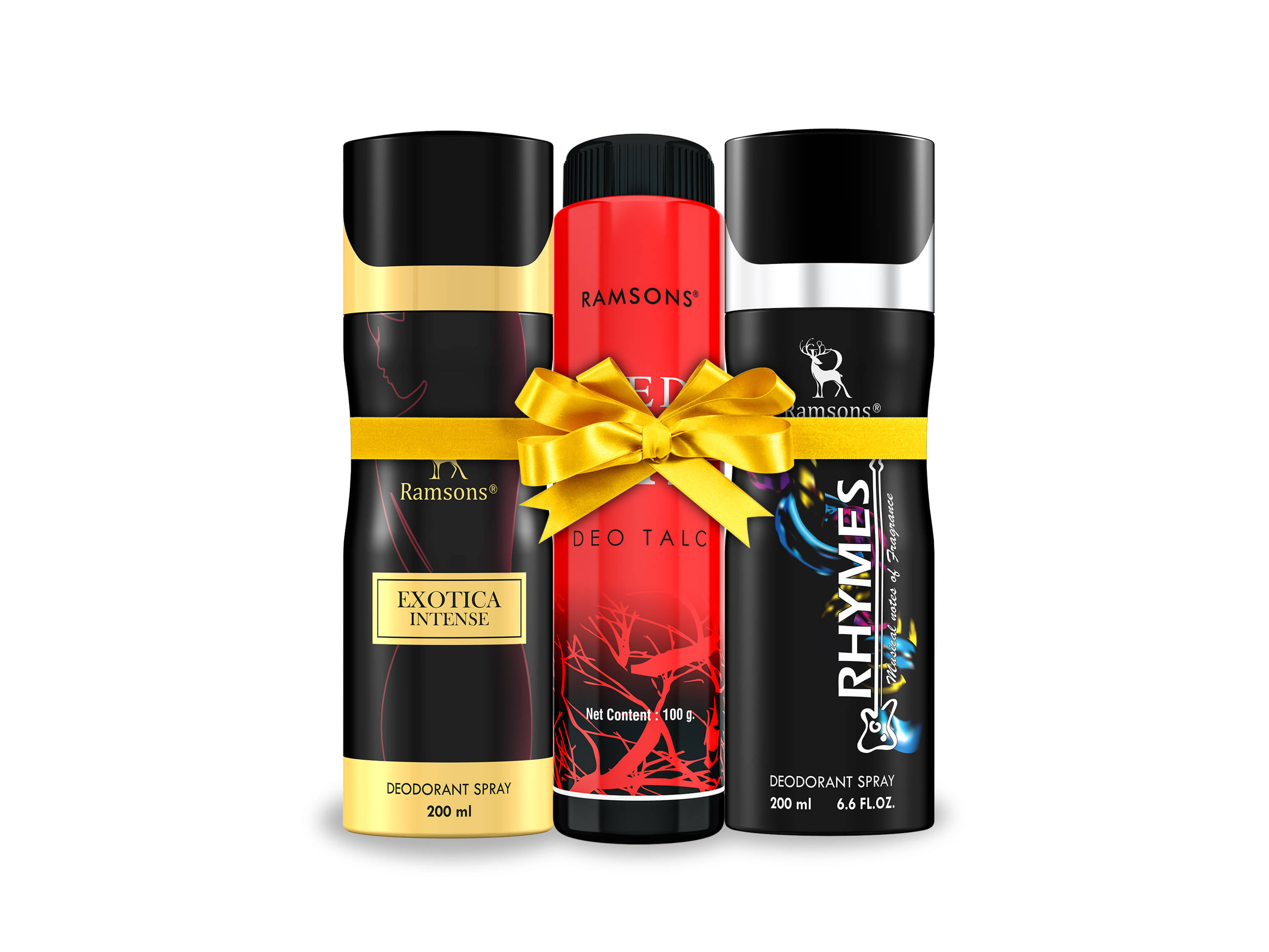     			RAMSONS Deo Talc Combo | 1 Exotica Intense Deodorant Spray - 200ml | 1 Rhymes Deodorant Spray - 200ml | 1 RED ZX Deo Talc - 100gm | Combo Pack Of 3