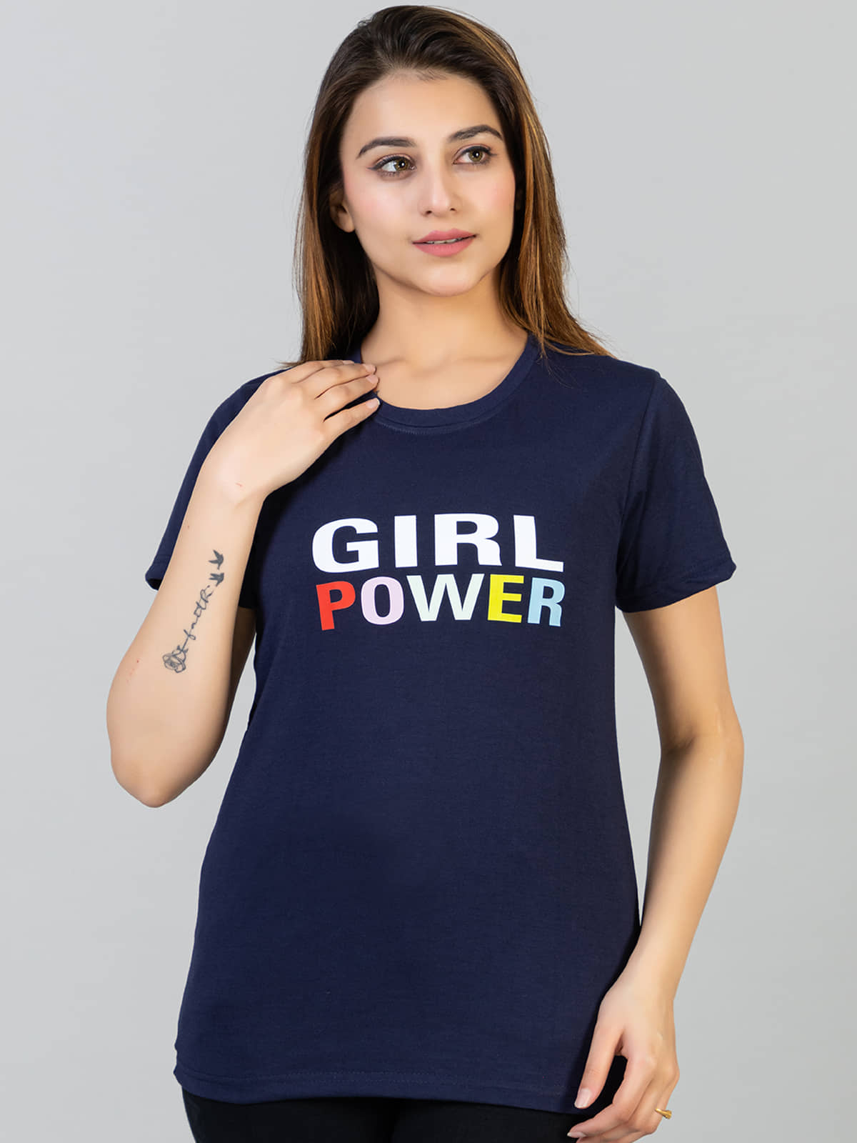 lewiston Women Cotton Blend Printed Regular Fit Round Neck T-Shirt ( Navy Blue )