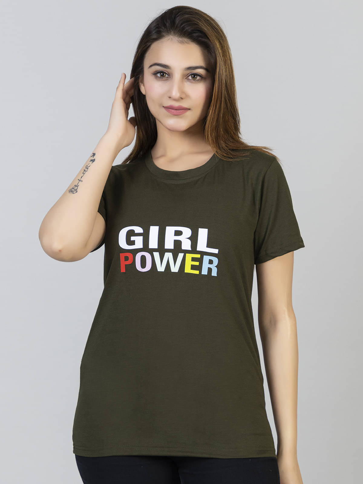 lewiston Women Cotton Blend Printed Regular Fit Round Neck T-Shirt ( Olive ) lewiston Women Cotton Blend Printed Regular Fit Round Neck T-Shirt ( Olive )