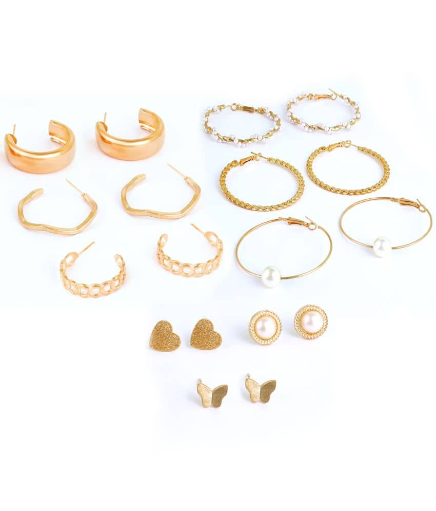 FASHION FRILL - Golden Stud Earrings ( Pack of 9 ) - Earrings | Buy online on ZillyBuy