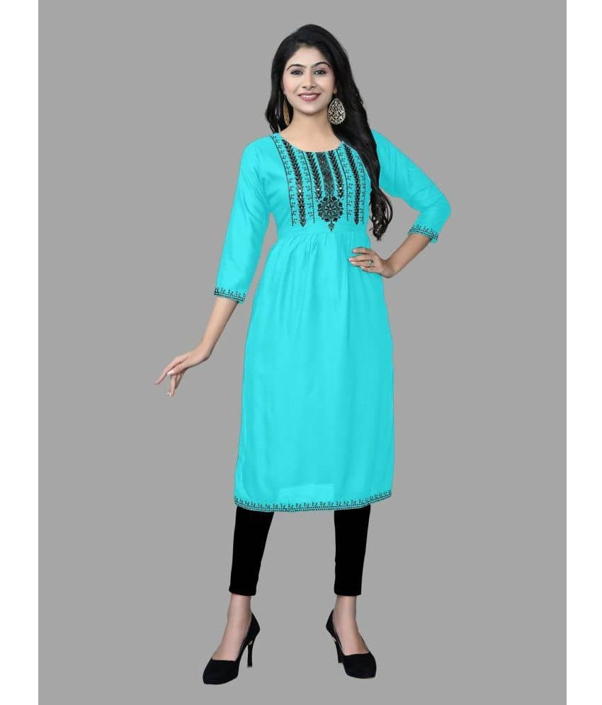 HAYA - Turquoise Rayon Women's Straight Kurti ( Pack of 1 ) - Kurtis, Tunics | Buy online on ZillyBuy