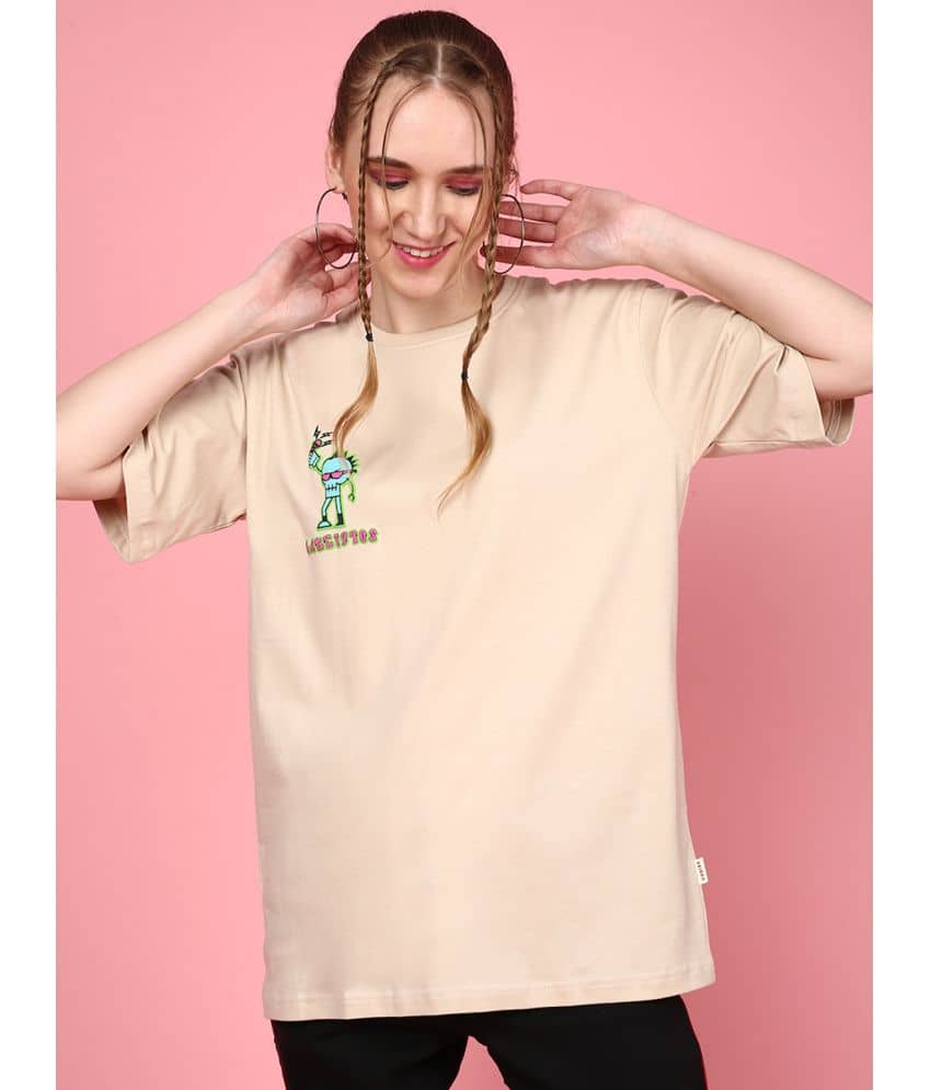 JUNEBERRY Women Cotton Printed Oversized Fit Round Neck T-Shirt ( Beige )
