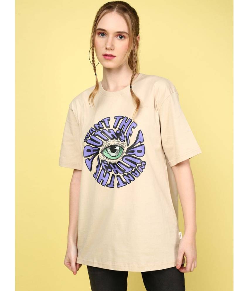JUNEBERRY Women Cotton Printed Oversized Fit Round Neck T-Shirt ( Beige )     			JUNEBERRY Women Cotton Printed Oversized Fit Round Neck T-Shirt ( Beige )