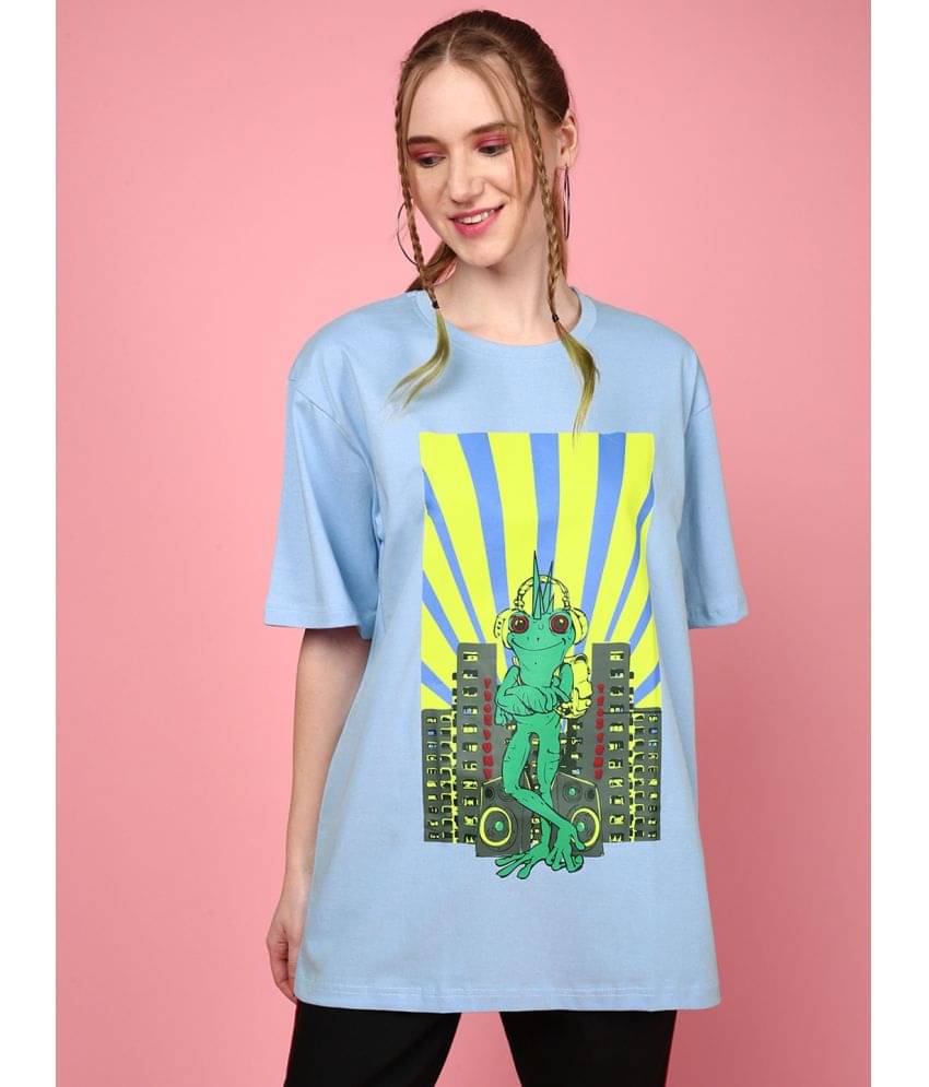 JUNEBERRY Women Cotton Printed Oversized Fit Round Neck T-Shirt ( Light Blue ) JUNEBERRY Women Cotton Printed Oversized Fit Round Neck T-Shirt ( Light Blue )