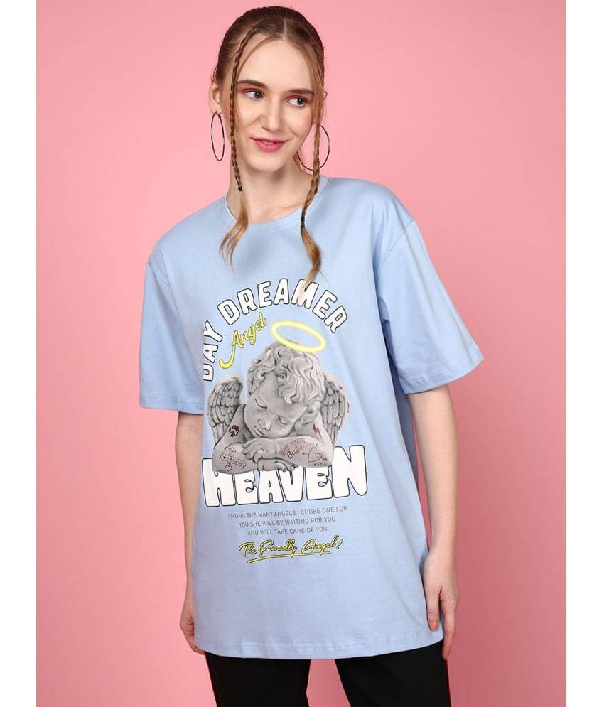JUNEBERRY Women Cotton Printed Oversized Fit Round Neck T-Shirt ( Light Blue ) JUNEBERRY Women Cotton Printed Oversized Fit Round Neck T-Shirt ( Light Blue )