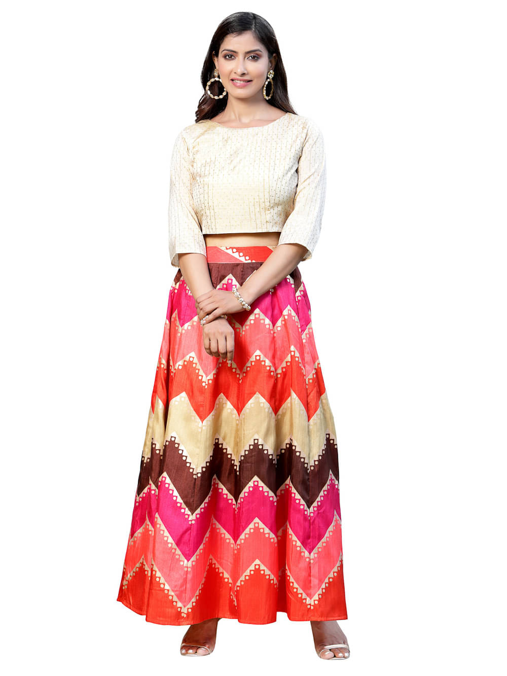 Juniper Orange,Red,Pink Silk Crepe Circular Stitched Lehenga Juniper Orange,Red,Pink Silk Crepe Circular Stitched Lehenga