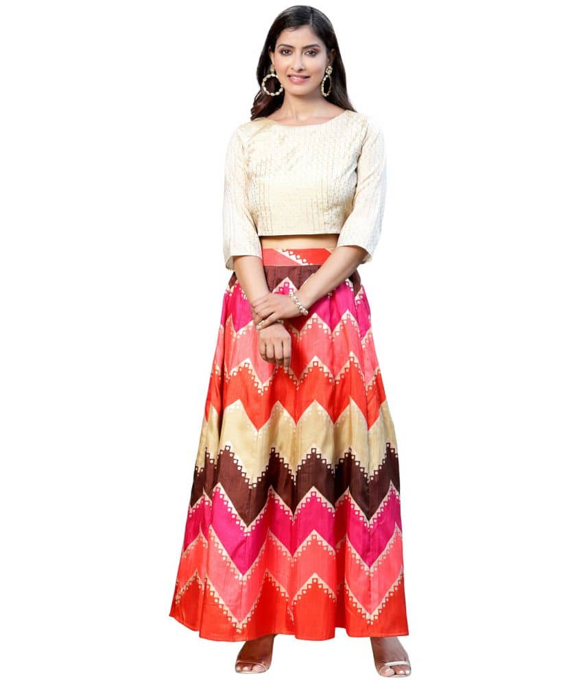 Juniper Orange,Red,Pink Silk Crepe Circular Stitched Lehenga