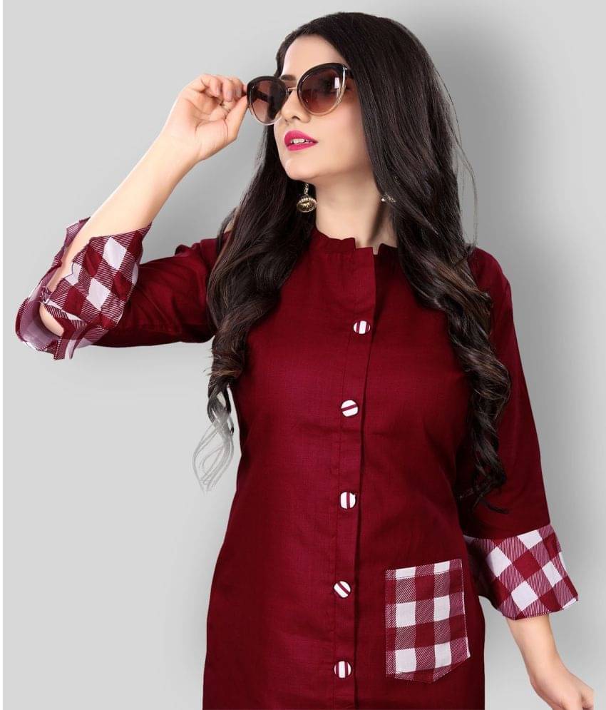    			Lerkiza - Maroon Cotton Blend Women's Front Slit Kurti ( Pack of 1 )