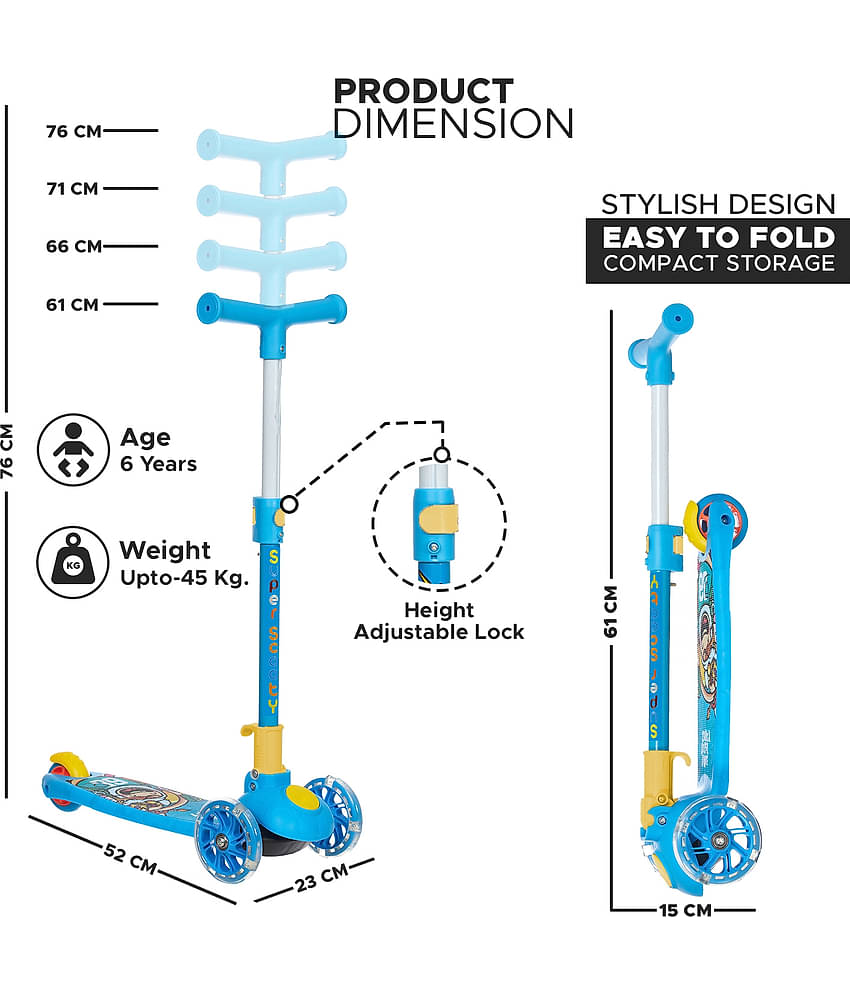 NHR Smart Kick Scooter with LED Wheels & 3 Level Adjustable Height, Foldable Scooter for Kids, Scooty, Kids Scooter 3 Years+, Scooter for Kids, Skating Cycle, Road Runner, Kick Scooter, Kids Scooty, Birthday Gift-Blue (Weigh Capacity Up To 45 Kg)