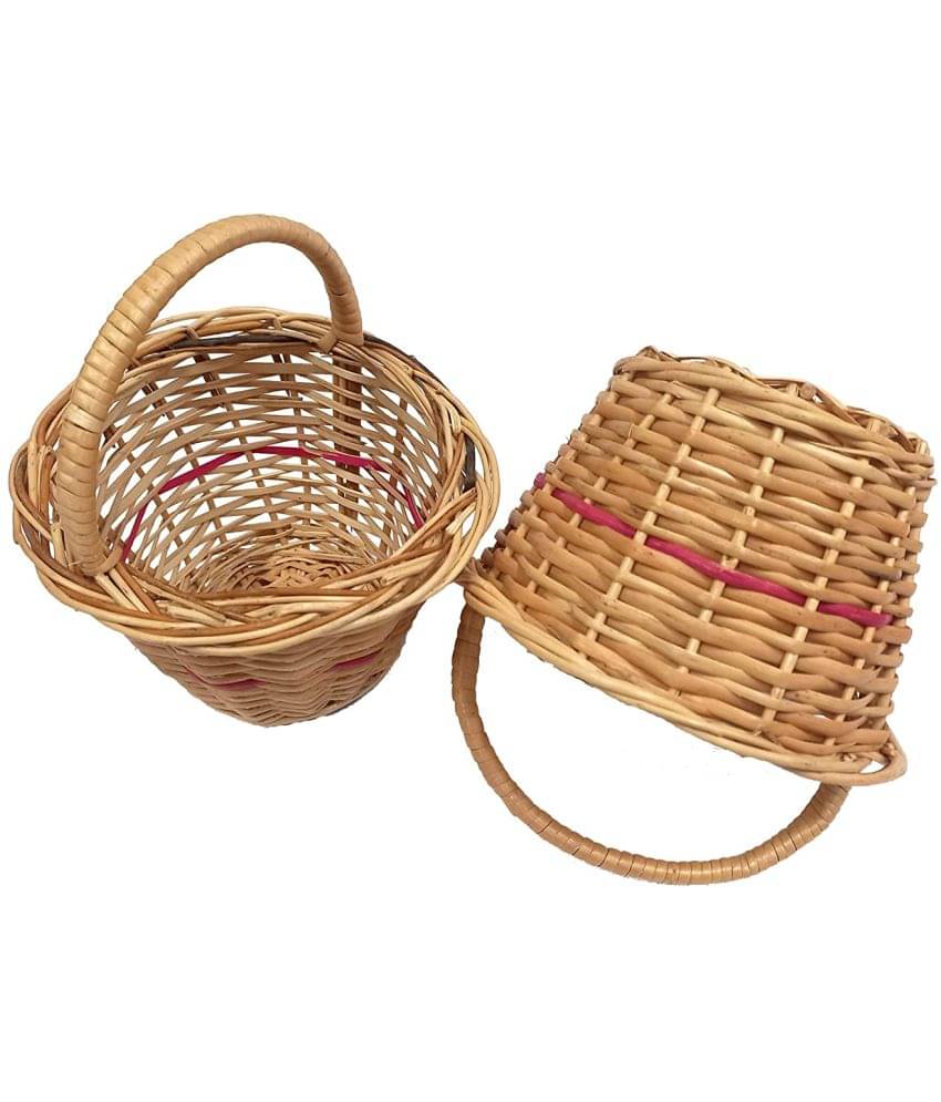     			PRANSUNITA - Wood 2 Pcs Round Small Handle Kashmir Wicker Willow Wooden basket ( Pack of 2 )