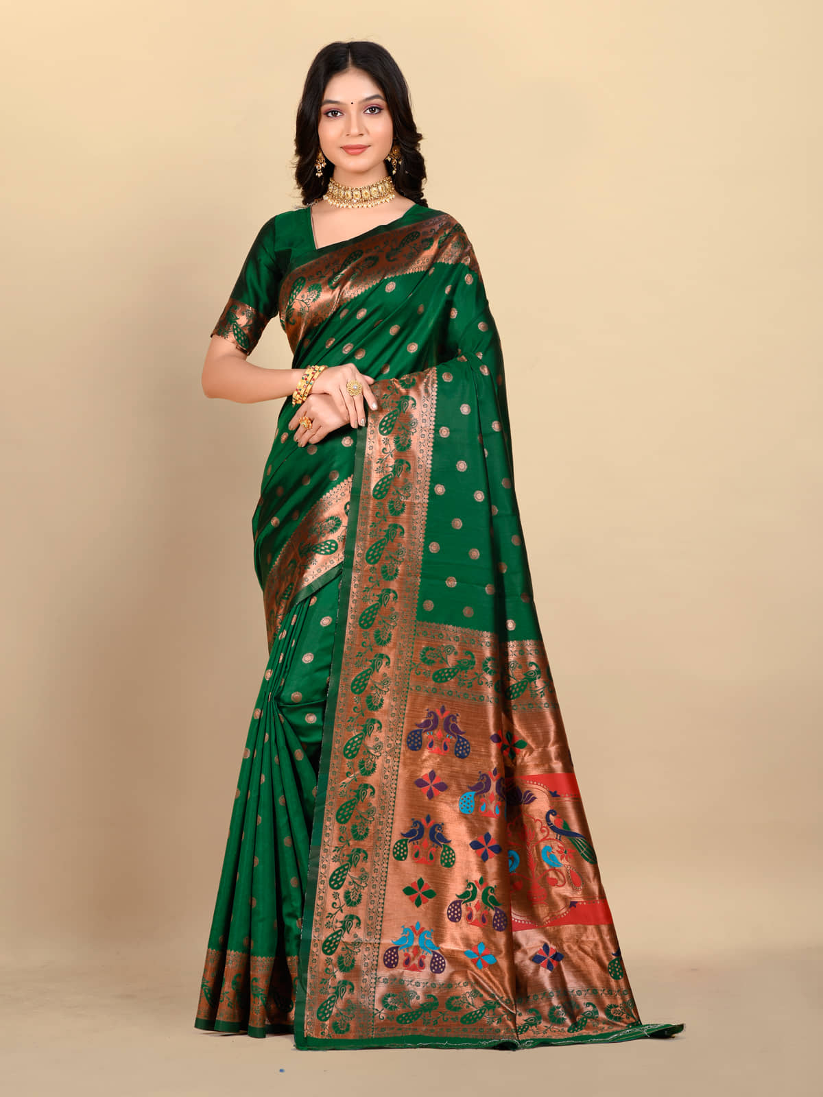 BLEESBURY Banarasi Silk Printed Saree With Unstitched Blouse Piece ( Green ) - Sarees | Buy online on ZillyBuy