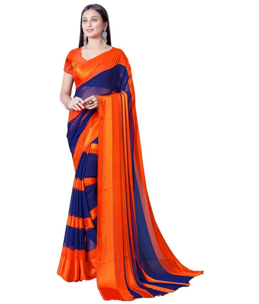 Sitanjali Georgette Colorblock Saree With Unstitched Blouse Piece ( Orange ) - Sarees | Buy online on ZillyBuy