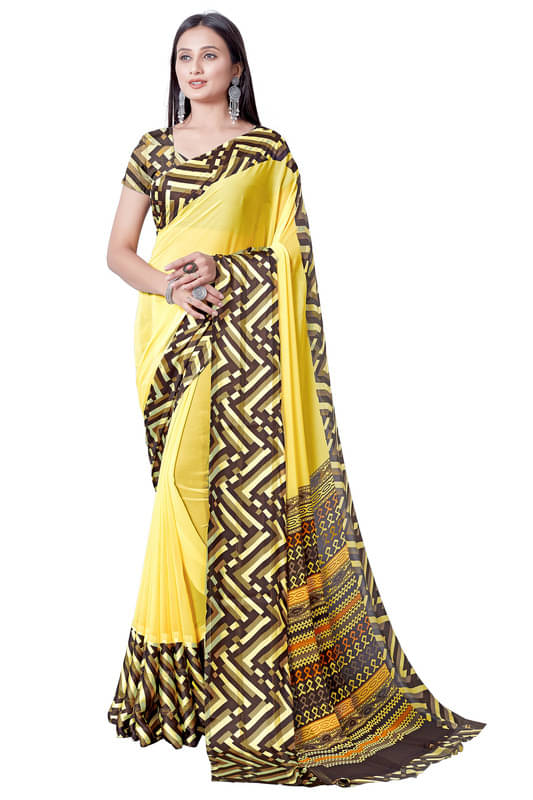 Sitanjali Georgette Printed Saree With Unstitched Blouse Piece ( Yellow )     			Sitanjali Georgette Printed Saree With Unstitched Blouse Piece ( Yellow )