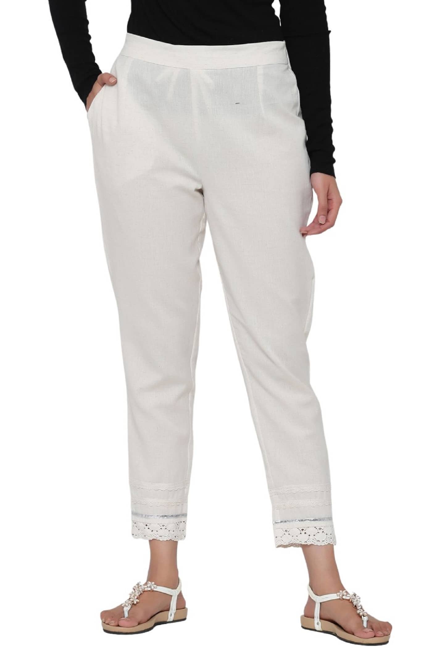 Juniper - Off White Cotton Blend Slim Women's Casual Pants ( Pack of 1 ) - Trousers | Buy online on ZillyBuy