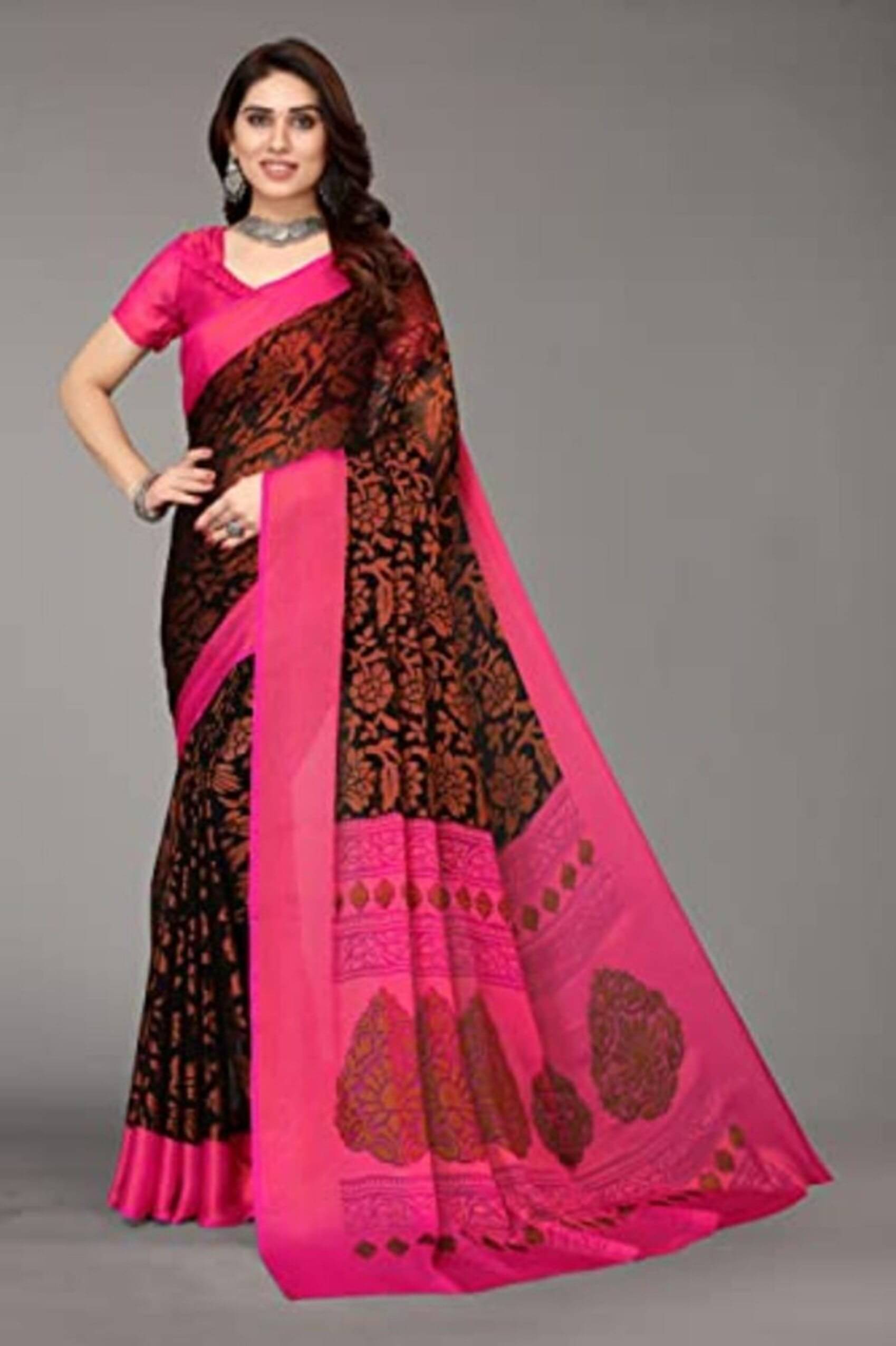     			Sitanjali Brasso Printed Saree With Unstitched Blouse Piece ( Pink )