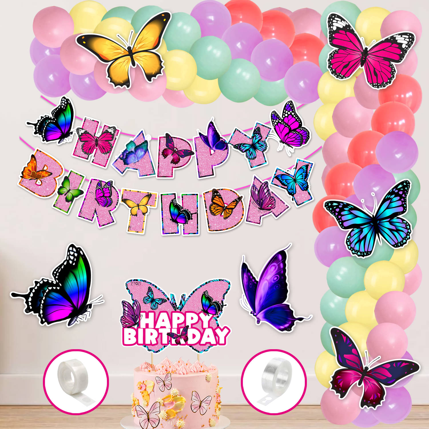    			Zyozi  Butterfly Theme Balloon arc decoration,Butterfly Theme Birthday for Girls with Happy Birthday Banner Cardstock Cake Toppers Balloons Birthday Decoration Kit (Pack of 60)