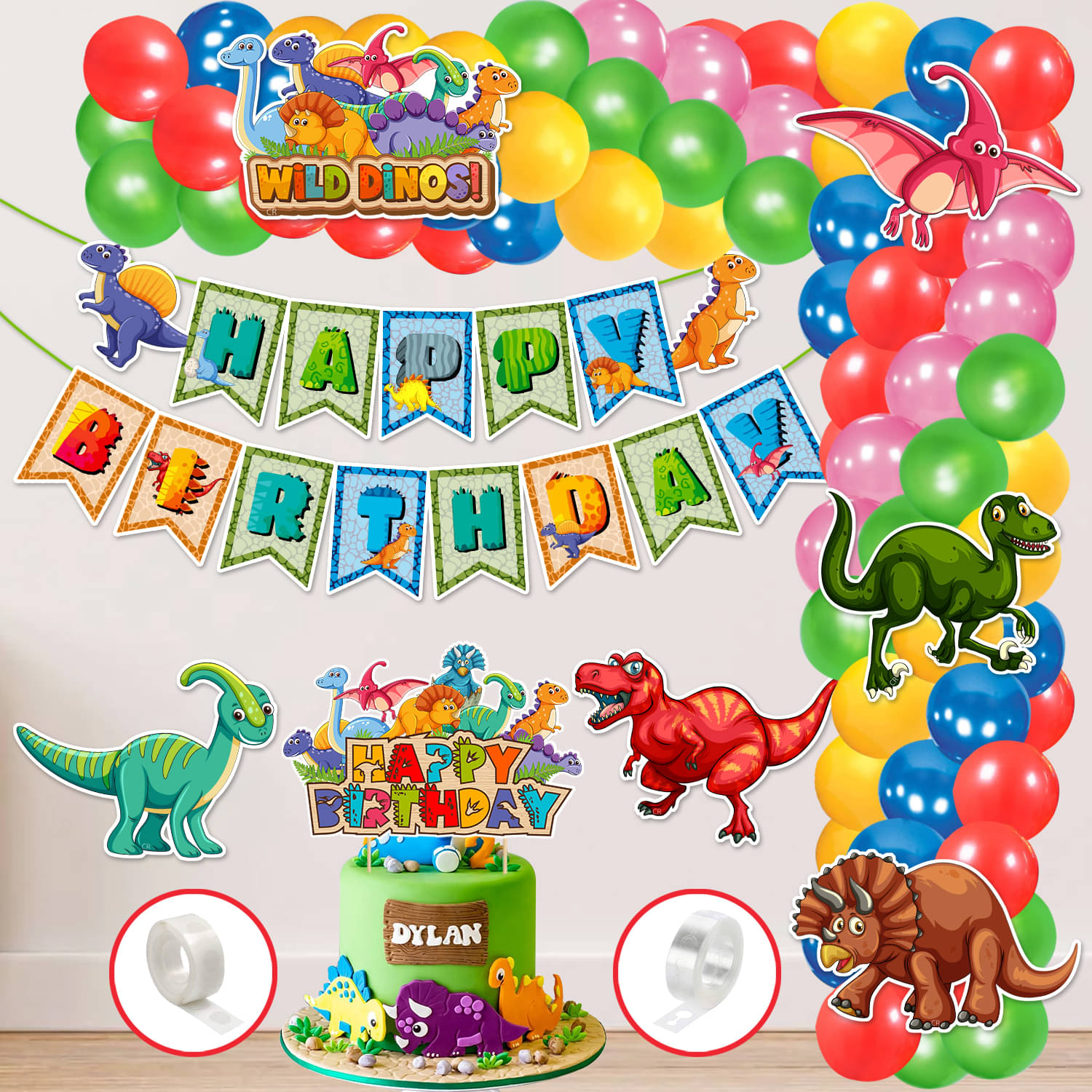     			Zyozi Dinosaur Theme Balloon arc decoration,Dinosaur Theme Birthday for Girls with Happy Birthday Banner Cardstock Cake Toppers Balloons Birthday Decoration Kit (Pack of 60)
