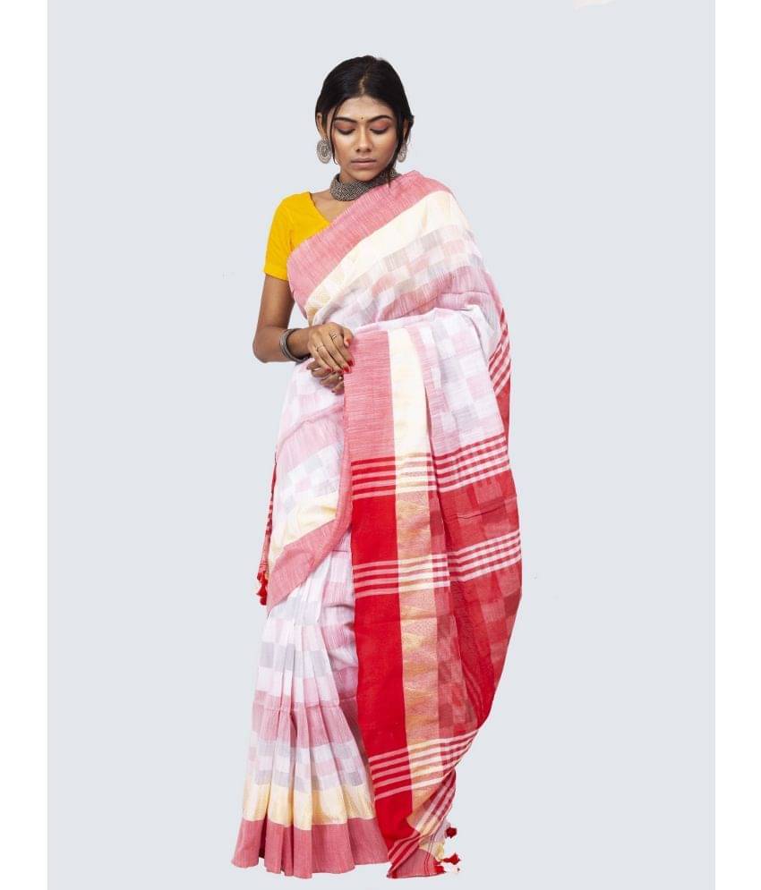     			AngaShobha Cotton Blend Checks Saree With Unstitched Blouse Piece ( White )