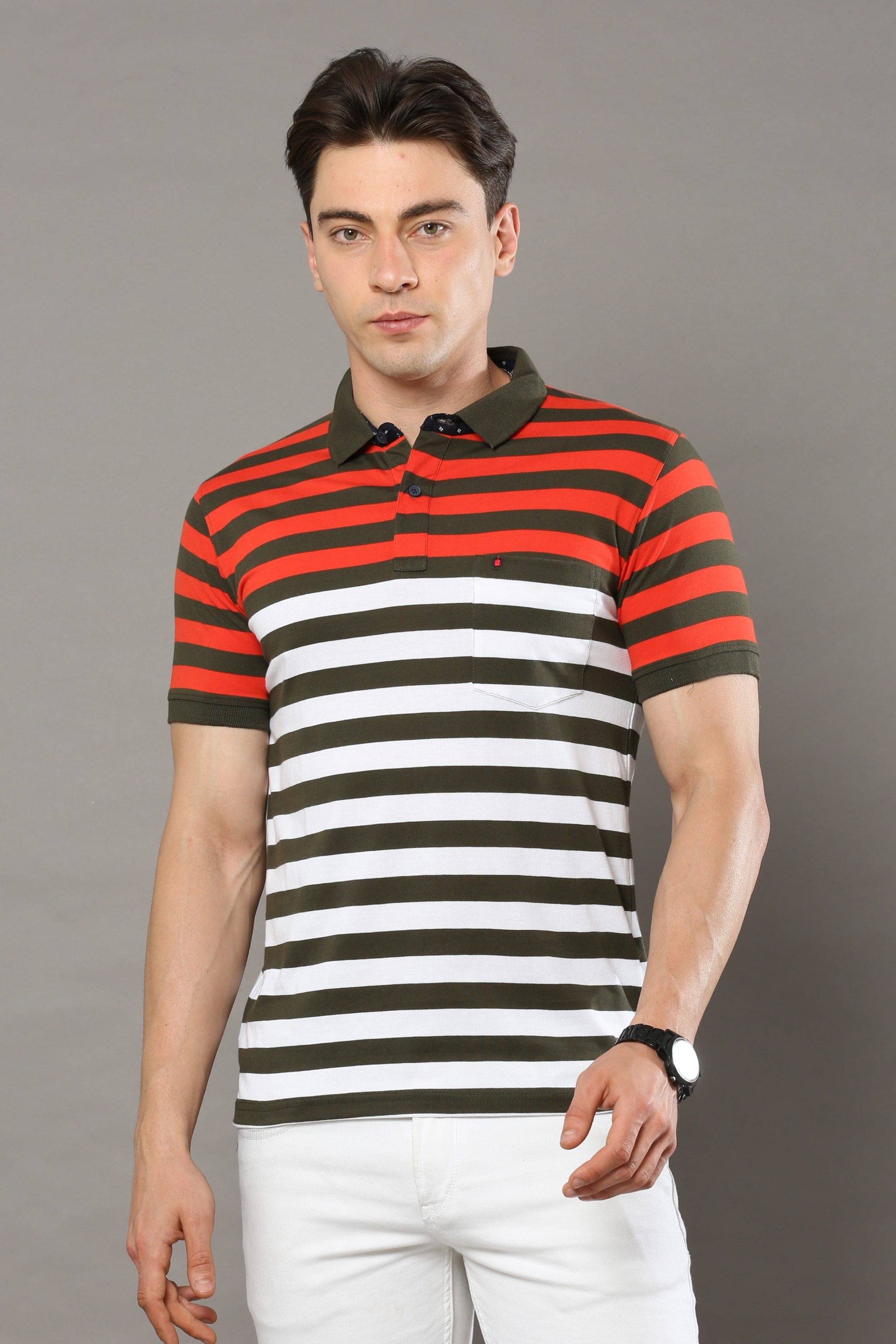 Cool Colors Pack of 1 Cotton Regular Fit Striped Half Sleeves Men's Polo T Shirt ( Orange )     			Cool Colors Pack of 1 Cotton Regular Fit Striped Half Sleeves Men's Polo T Shirt ( Orange )
