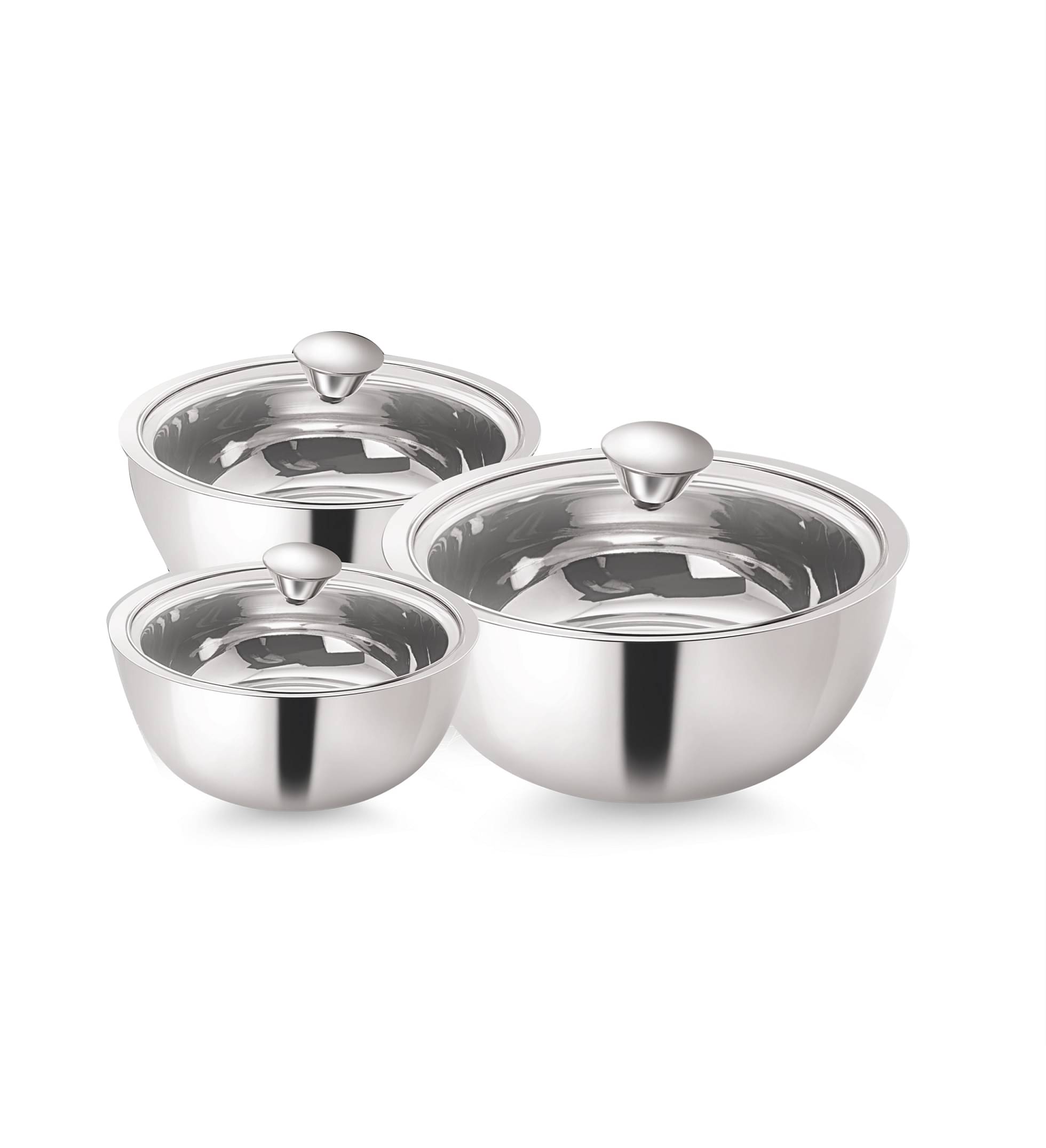     			NanoNine - Gravy Pot Double Wall Silver Steel Serve Casserole ( Set of 3 , 500,900,1550 mL )