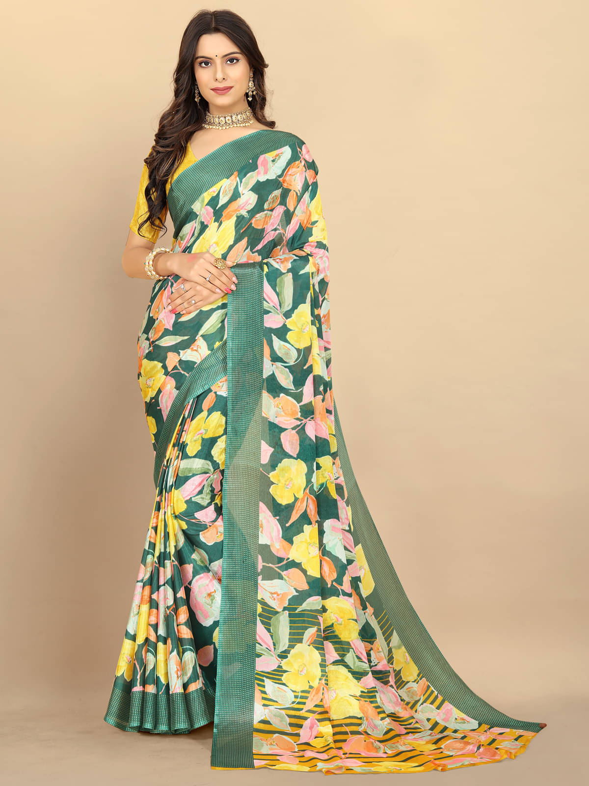 BLEESBURY Chiffon Printed Saree With Unstitched Blouse Piece ( Green ) BLEESBURY Chiffon Printed Saree With Unstitched Blouse Piece ( Green )