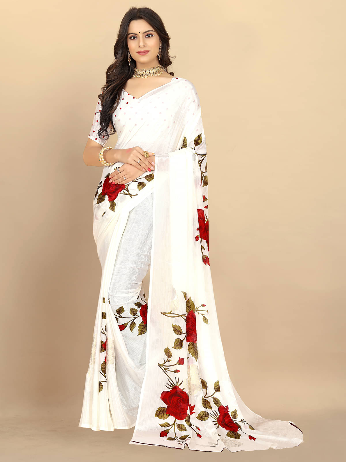 BLEESBURY Chiffon Printed Saree With Unstitched Blouse Piece ( Off White ) BLEESBURY Chiffon Printed Saree With Unstitched Blouse Piece ( Off White )