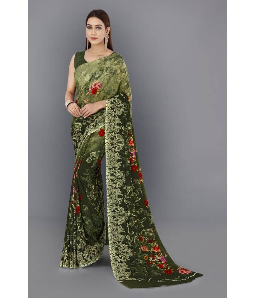 ANAND SAREES Georgette Printed Saree With Unstitched Blouse Piece ( Green ) - Sarees | Buy online on ZillyBuy