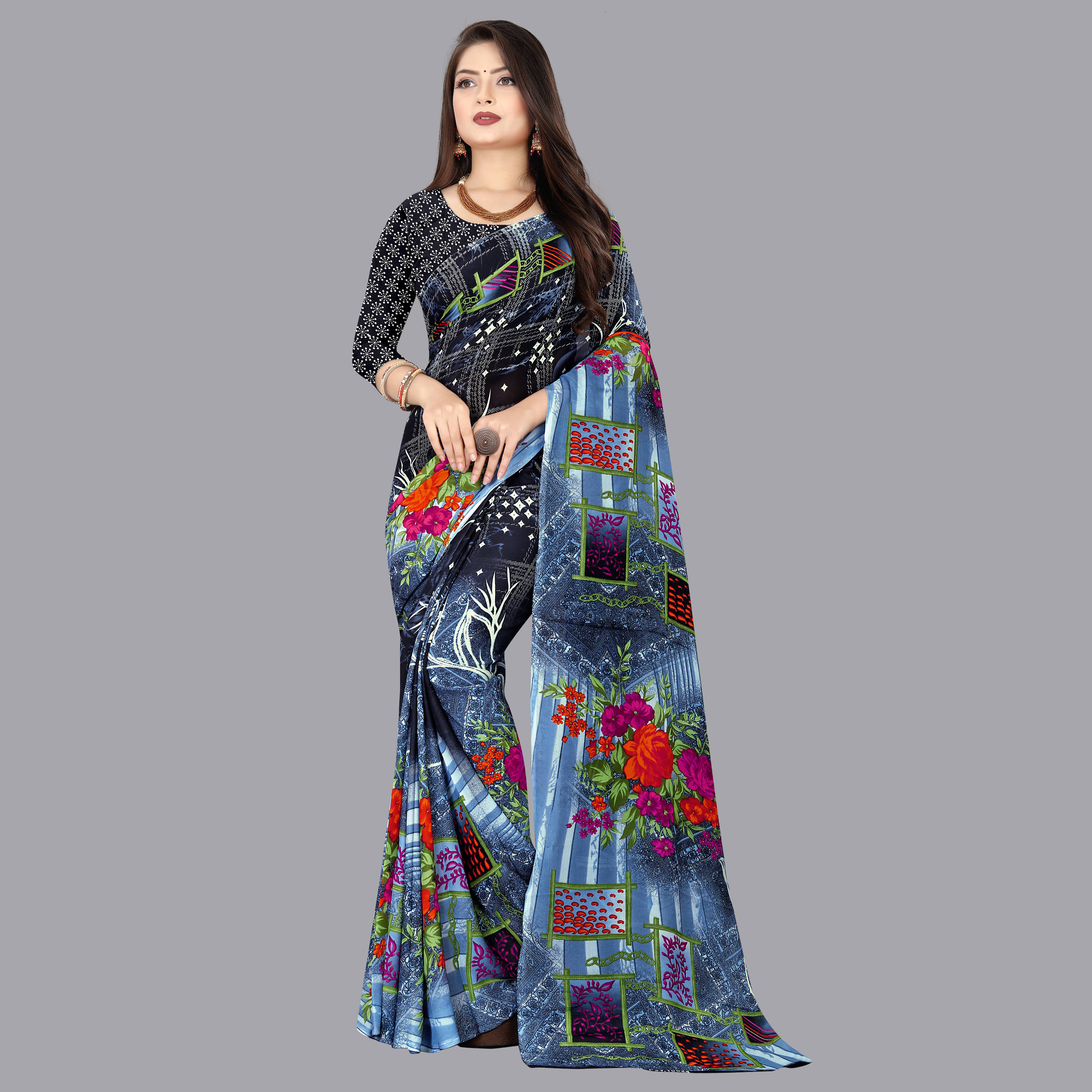 ANAND SAREES Georgette Printed Saree With Unstitched Blouse Piece ( Grey ) ANAND SAREES Georgette Printed Saree With Unstitched Blouse Piece ( Grey )