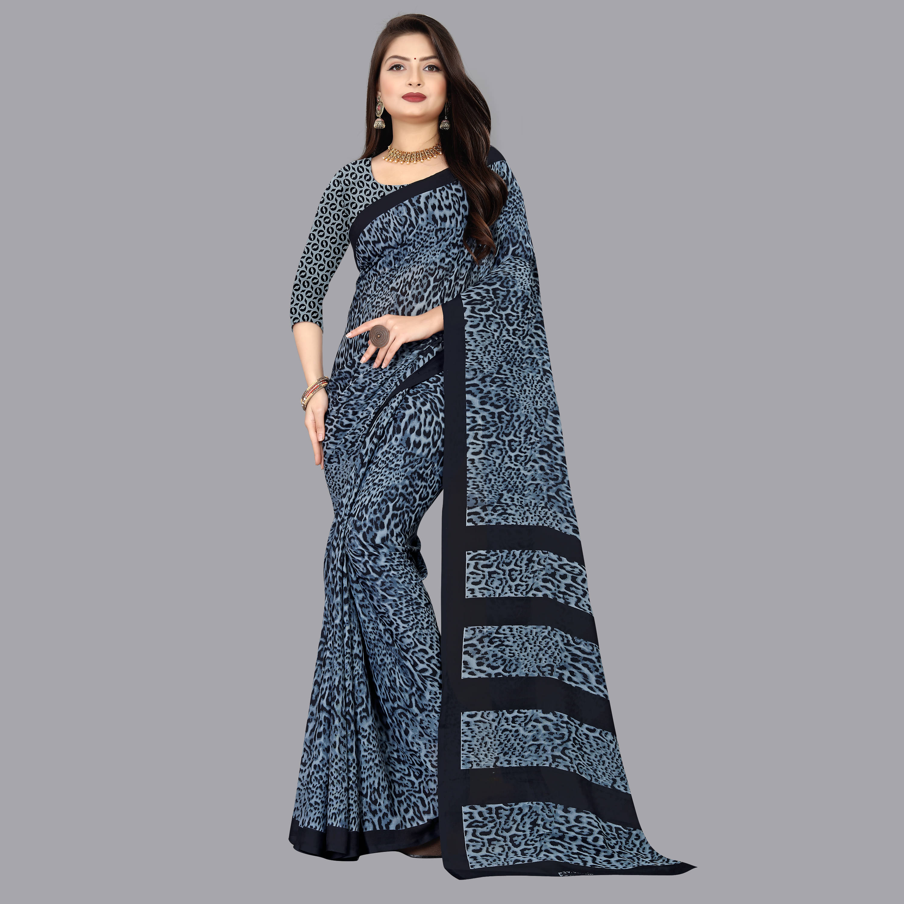 ANAND SAREES Georgette Printed Saree With Unstitched Blouse Piece ( Grey ) ANAND SAREES Georgette Printed Saree With Unstitched Blouse Piece ( Grey )