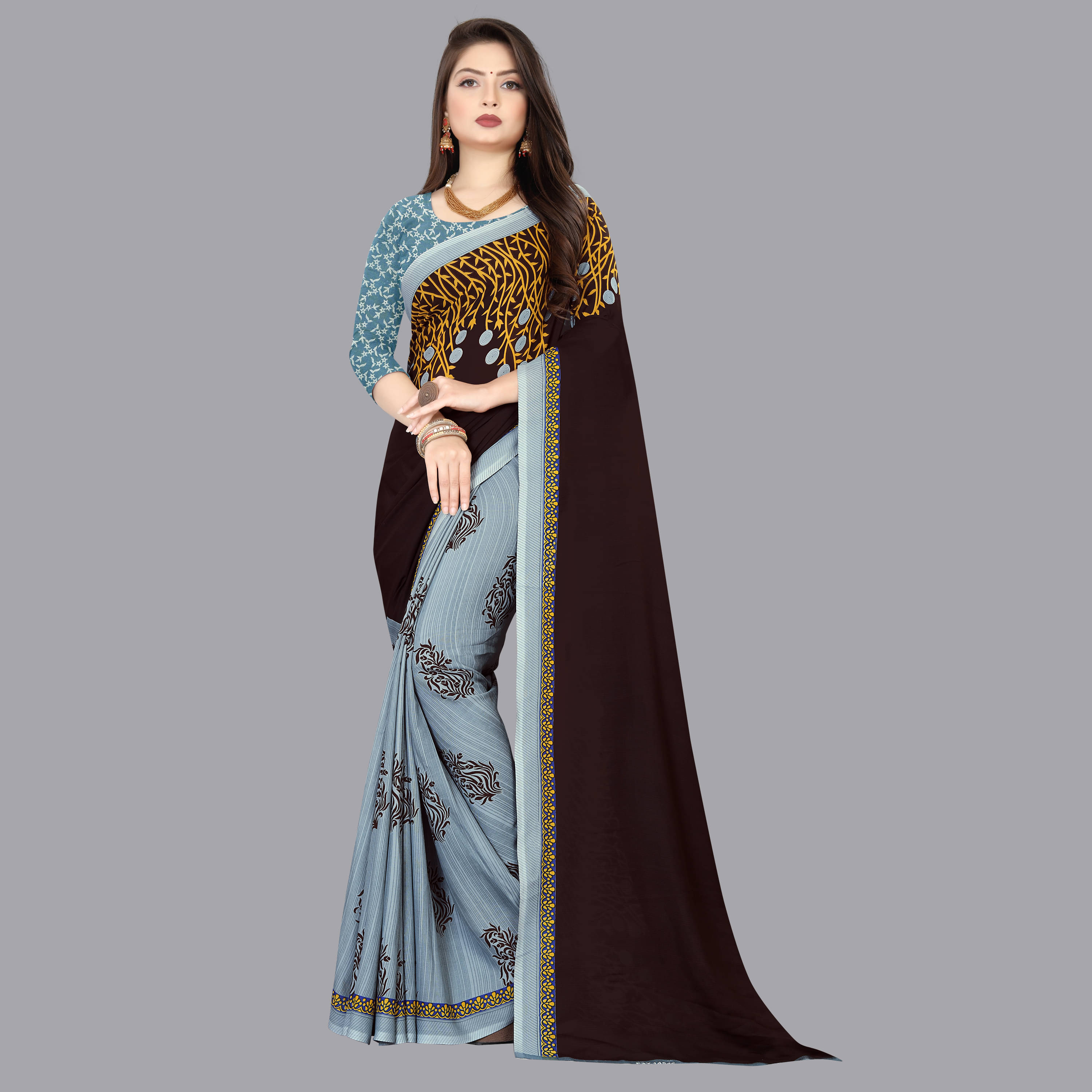 ANAND SAREES Georgette Printed Saree With Unstitched Blouse Piece ( Grey ) ANAND SAREES Georgette Printed Saree With Unstitched Blouse Piece ( Grey )