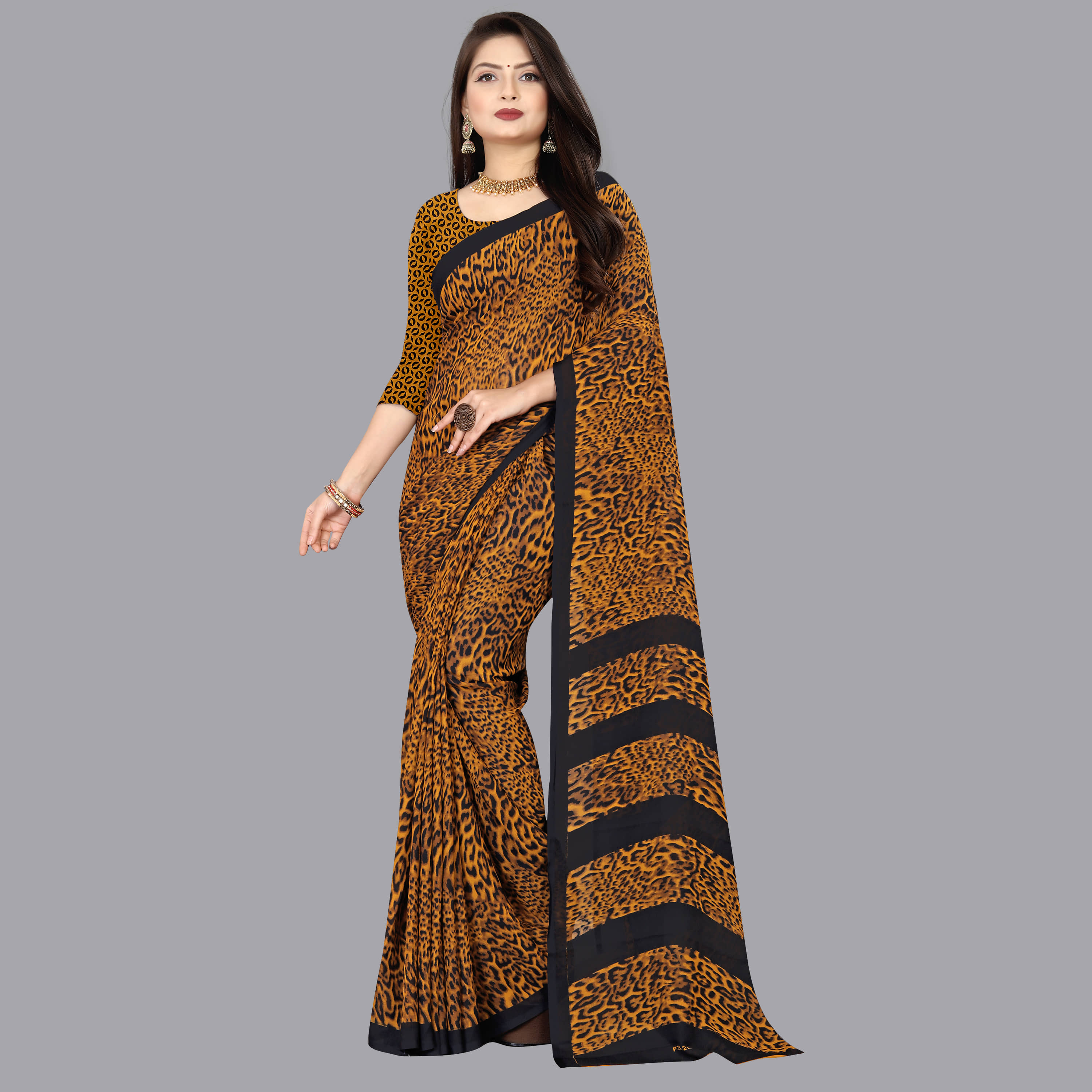 ANAND SAREES Georgette Printed Saree With Unstitched Blouse Piece ( Mustard ) - Sarees | Buy online on ZillyBuy