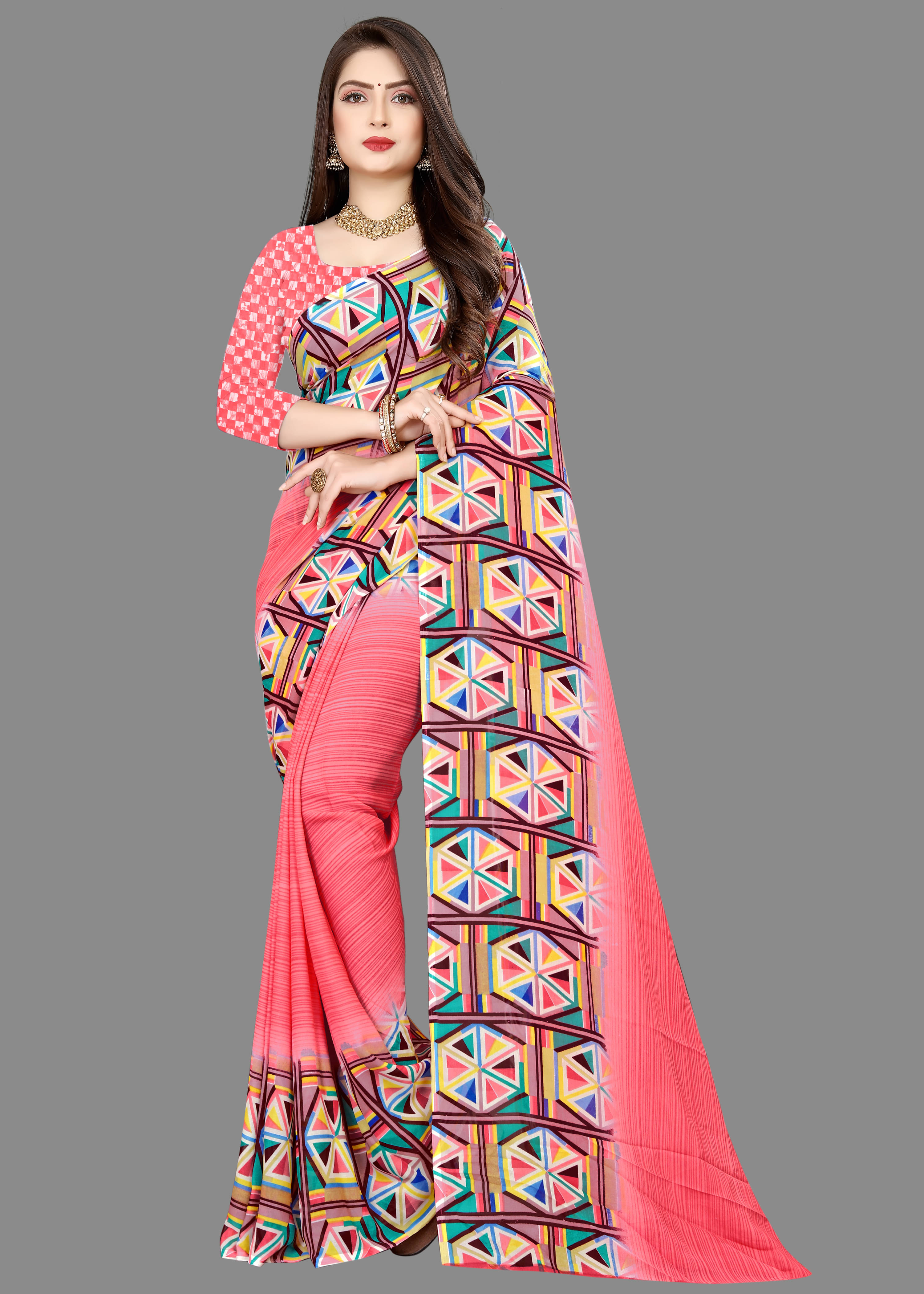 ANAND SAREES Georgette Printed Saree With Unstitched Blouse Piece ( Peach ) ANAND SAREES Georgette Printed Saree With Unstitched Blouse Piece ( Peach )