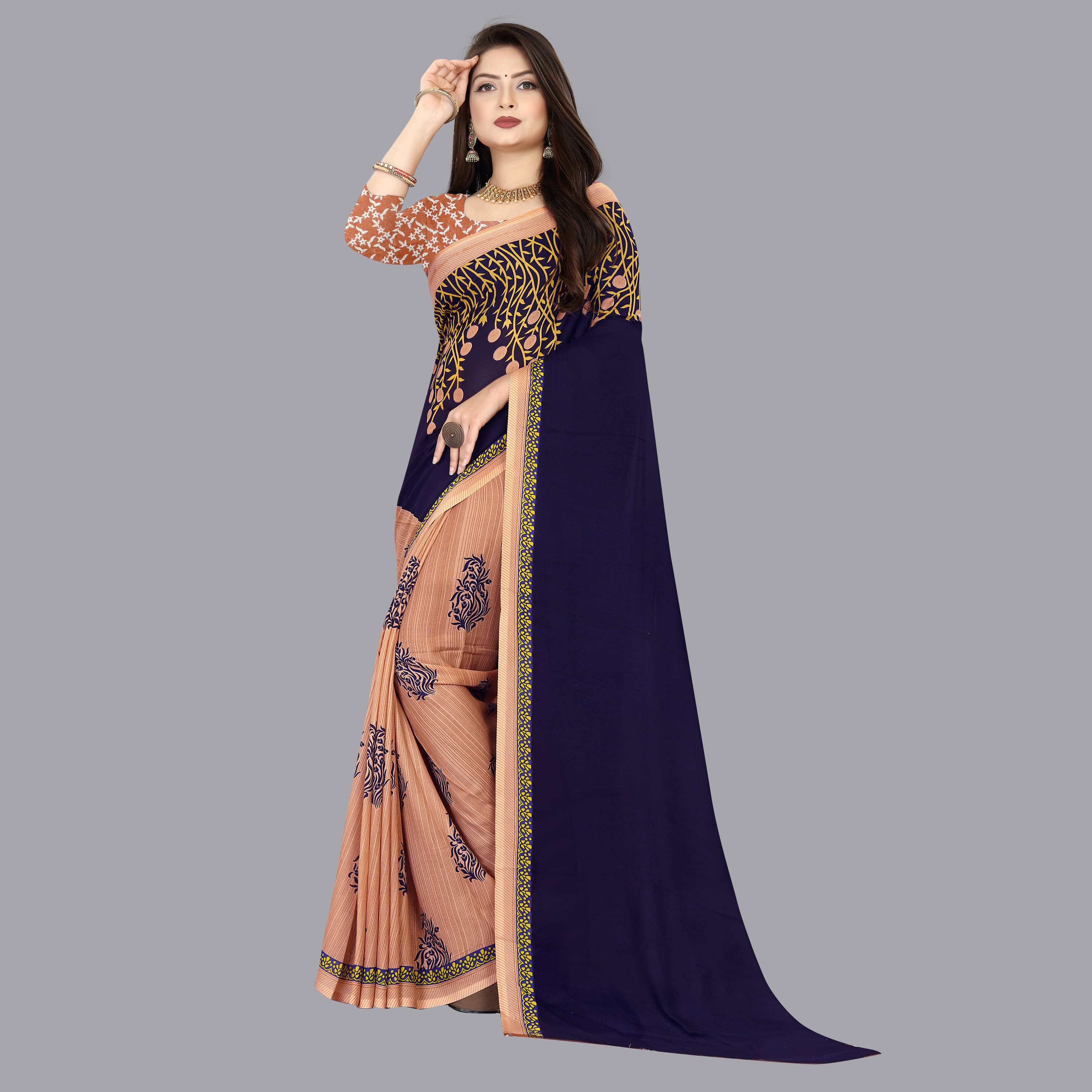 ANAND SAREES Georgette Printed Saree With Unstitched Blouse Piece ( Peach ) ANAND SAREES Georgette Printed Saree With Unstitched Blouse Piece ( Peach )