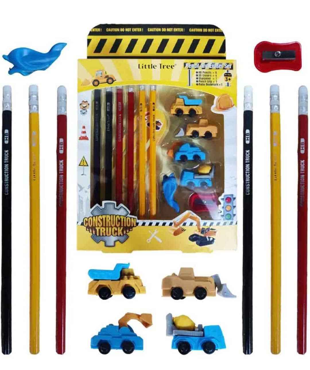 2346 YESKART -13 PC Construction Truck Theme Return Gifts for Kids – Stationery Kit Includes 6 Pencils, 4 Erasers, 1 Sharpener, 1 Ruler Bookmark, 1 Pencil Cap Stationary Set for Kids - Multicolor