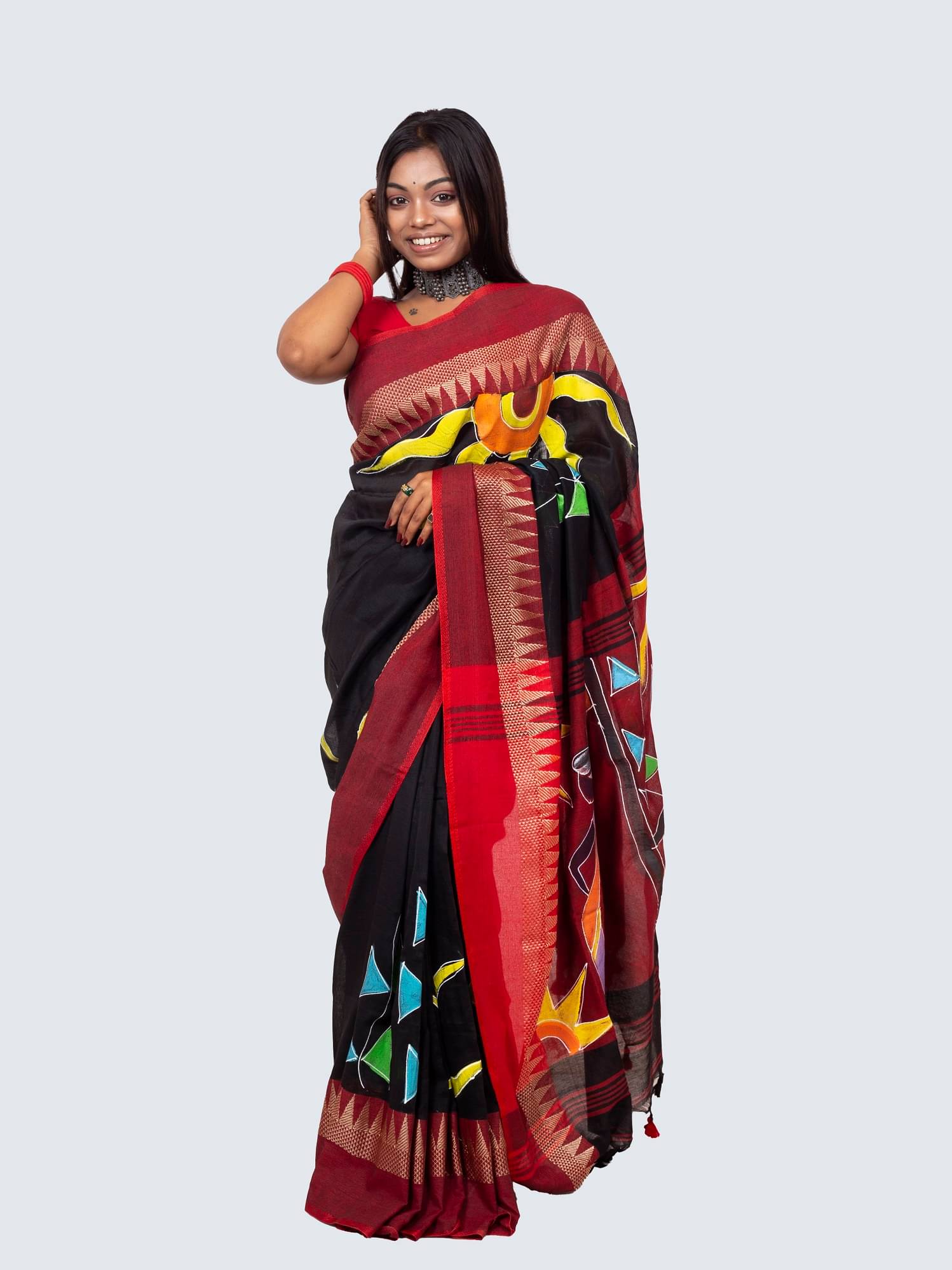 AngaShobha Cotton Blend Self Design Saree With Unstitched Blouse Piece ( Black )     			AngaShobha Cotton Blend Self Design Saree With Unstitched Blouse Piece ( Black )